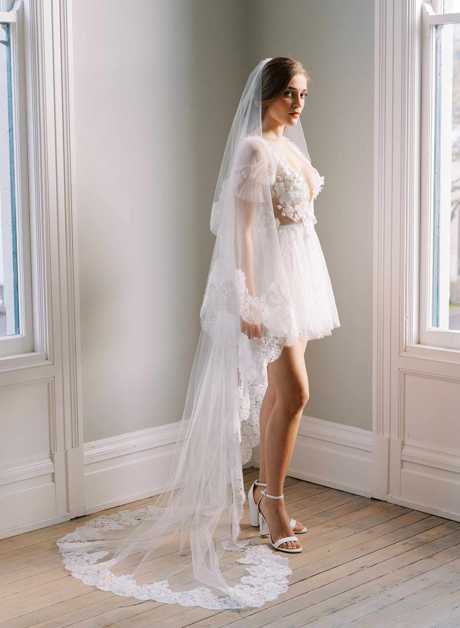 french lace trimmed long tulle veil wedding veil with blusher, twigs and honey