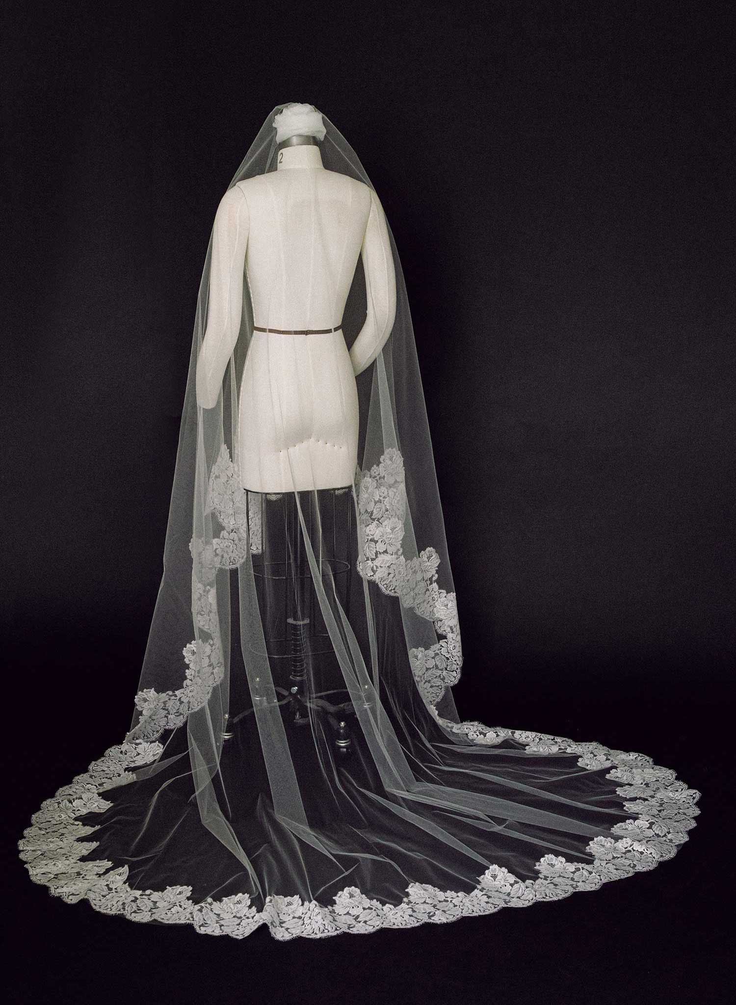 french lace trimmed long tulle veil wedding veil with blusher, twigs and honey