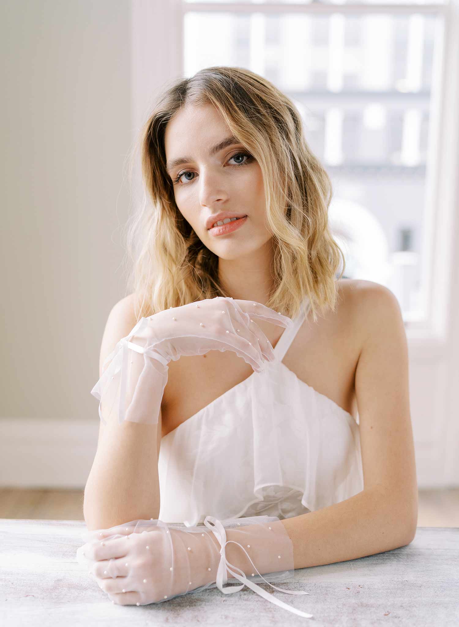 short bow pearl tulle wedding gloves, twigs and honey