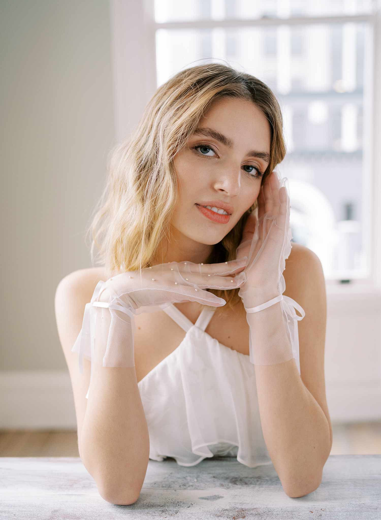 short bow pearl tulle wedding gloves, twigs and honey