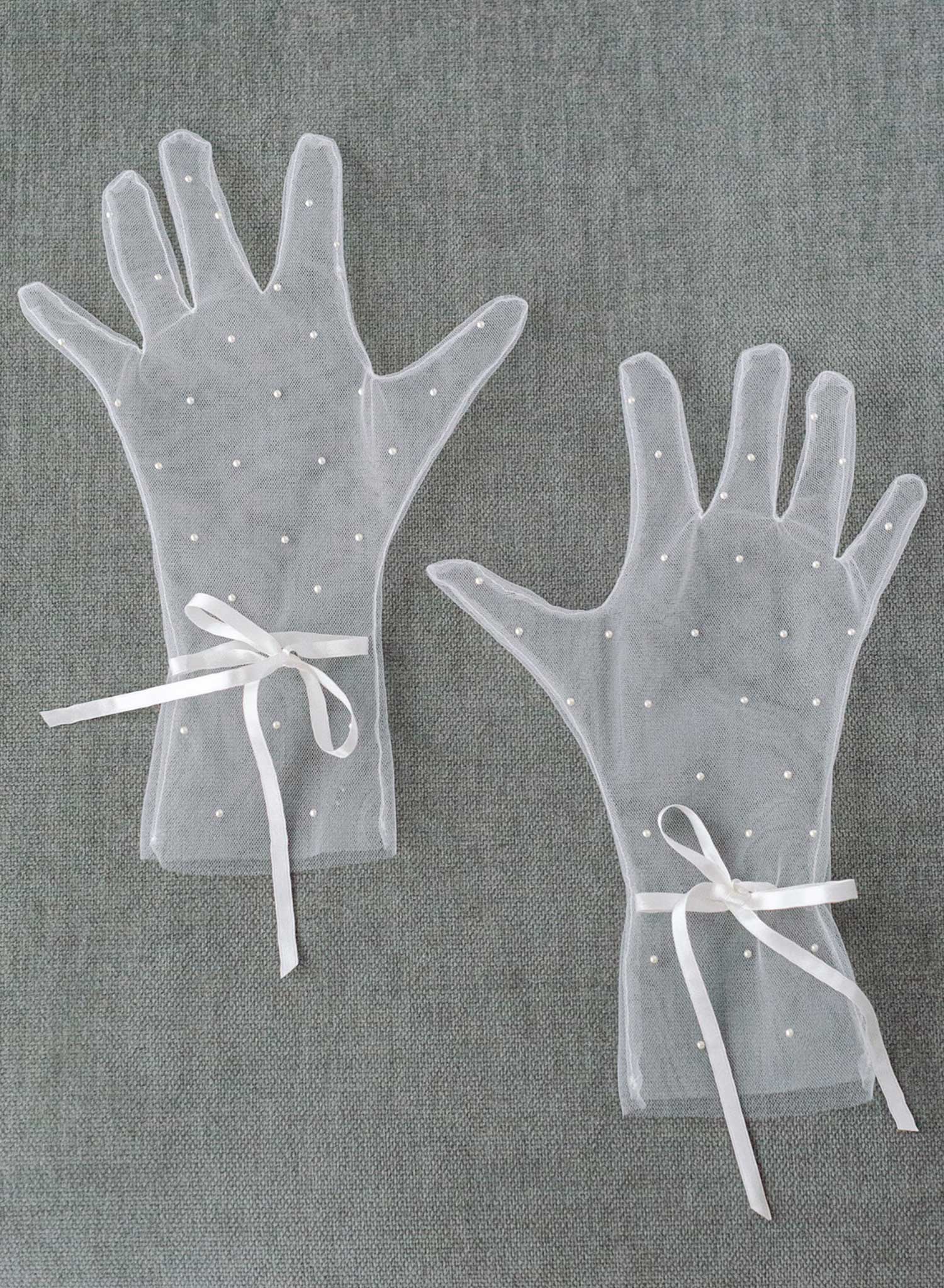short bow pearl tulle wedding gloves, twigs and honey