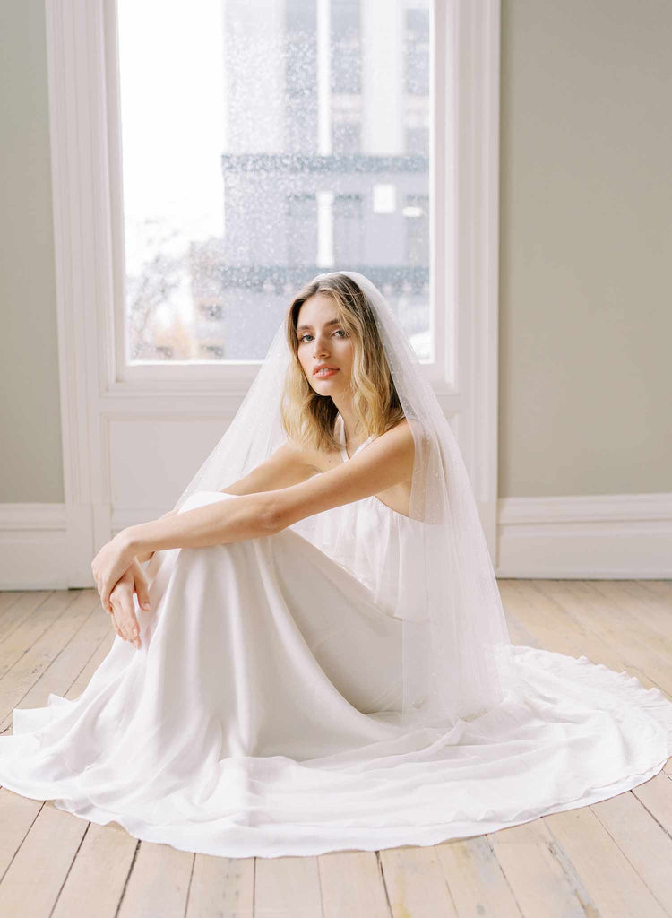 clear droplet white tulle bridal veil with blusher, twigs & honey