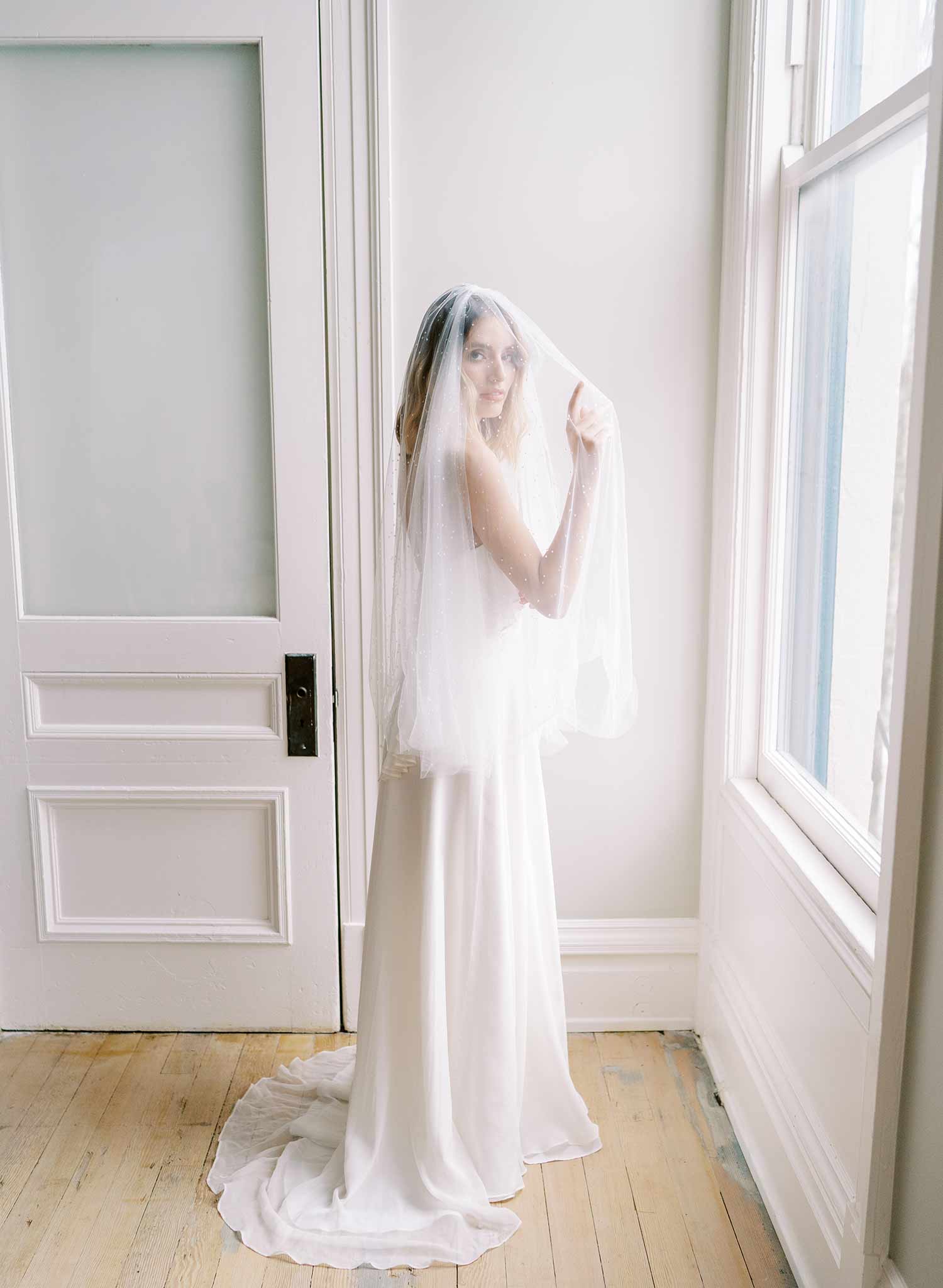 clear droplet white tulle bridal veil with blusher, twigs & honey