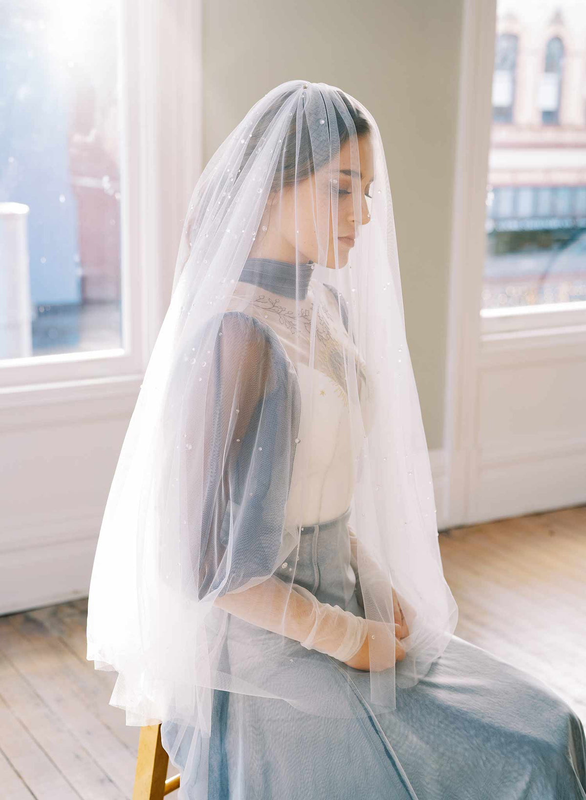 Soft Tulle Veil TG1001L110: Soft Tulle Cathedral Length Veil with Merrow  main image 3