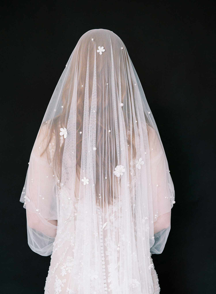floral embroidered veil with pearls and flowers, twigs and honey