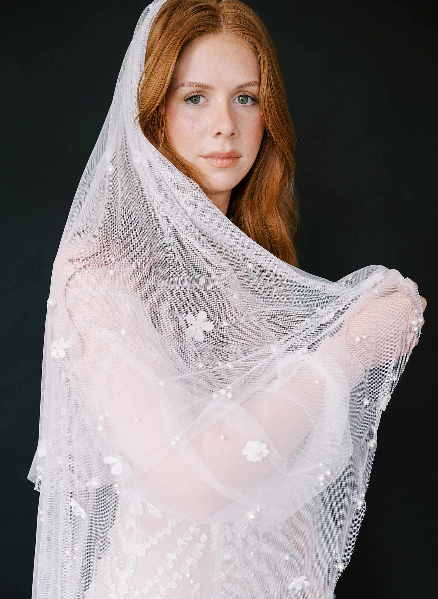 floral embroidered veil with pearls and flowers, twigs and honey