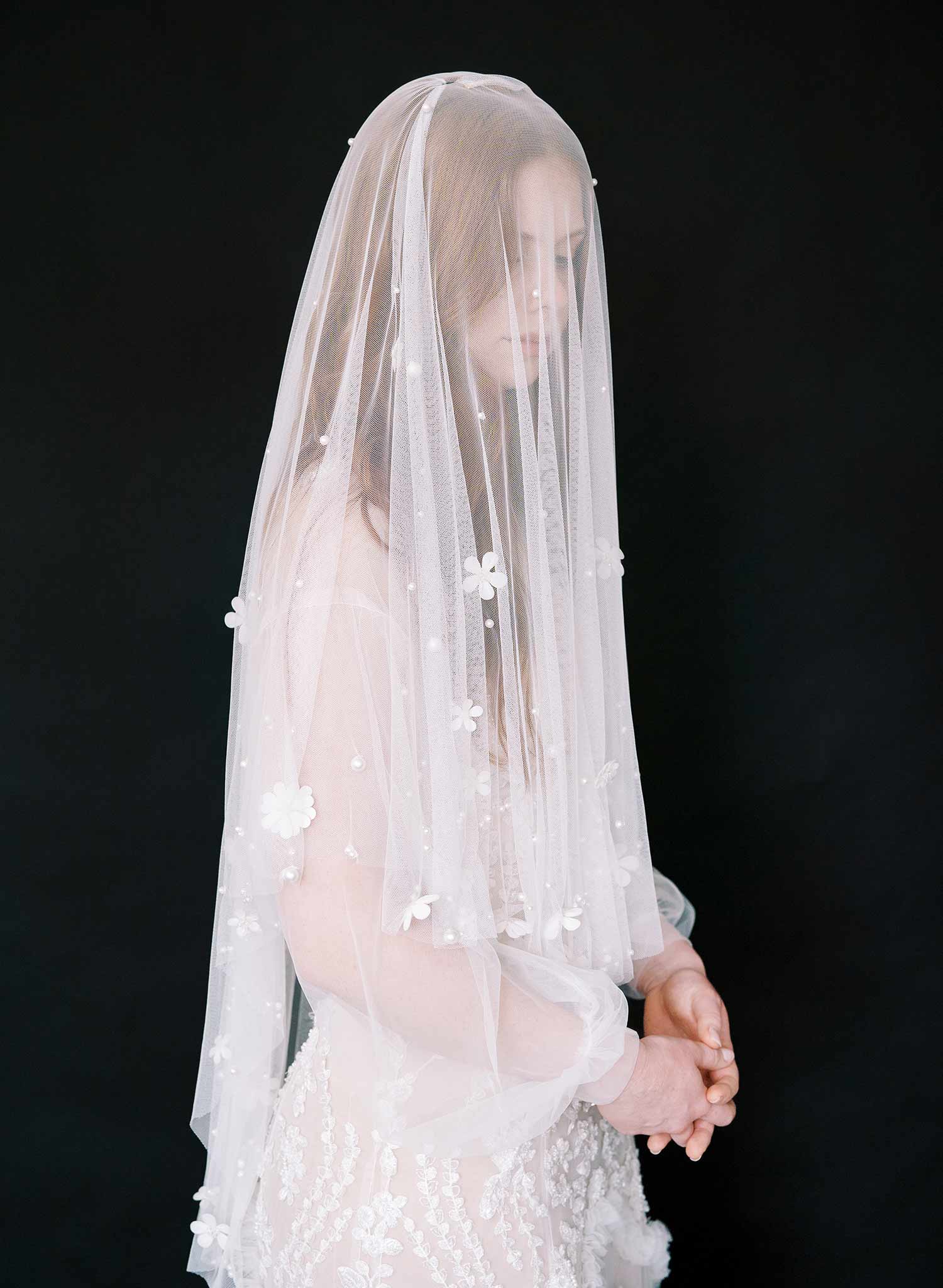 floral embroidered veil with pearls and flowers, twigs and honey