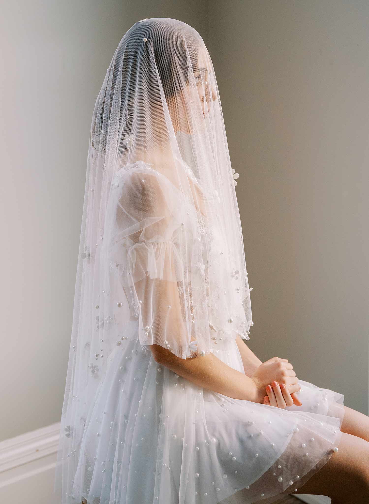 floral embroidered veil with pearls and flowers, twigs and honey