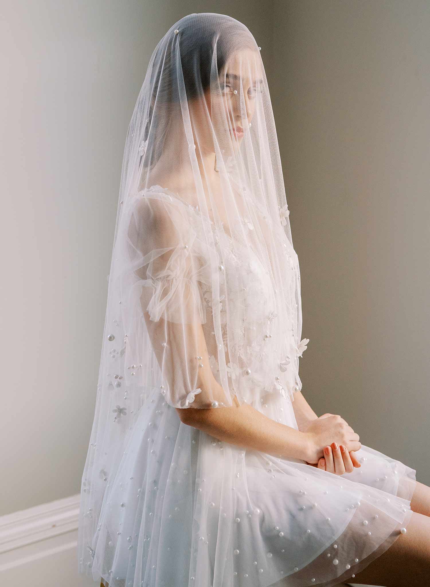 floral embroidered veil with pearls and flowers, twigs and honey