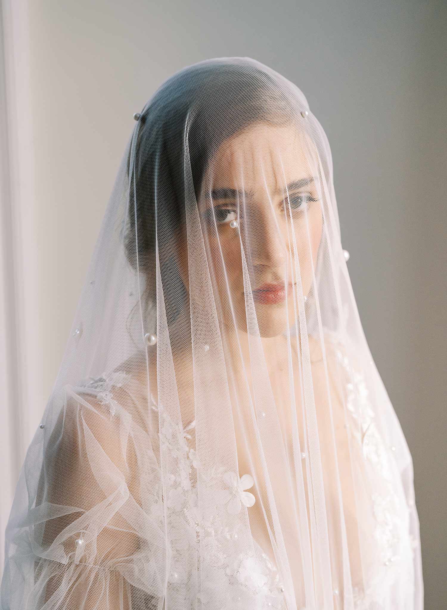 floral embroidered veil with pearls and flowers, twigs and honey
