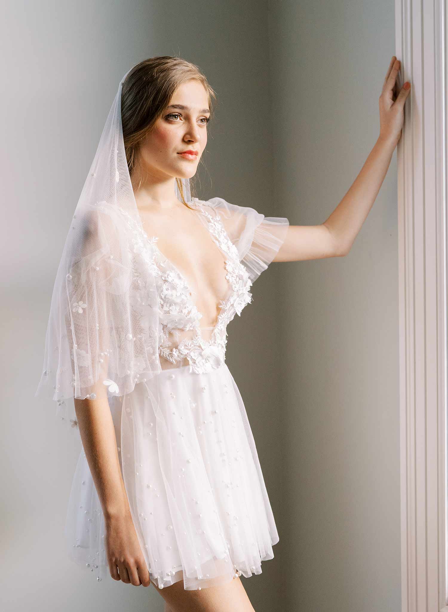 floral embroidered veil with pearls and flowers, twigs and honey