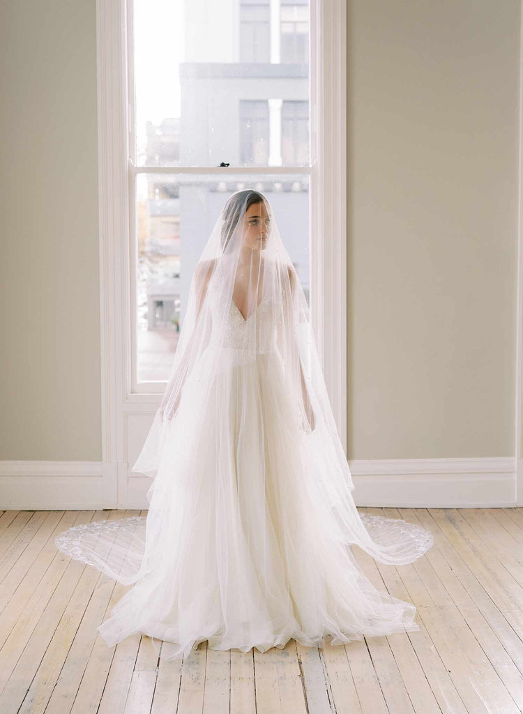 long lace trimmed embellished tulle bridal veil, twigs & honey