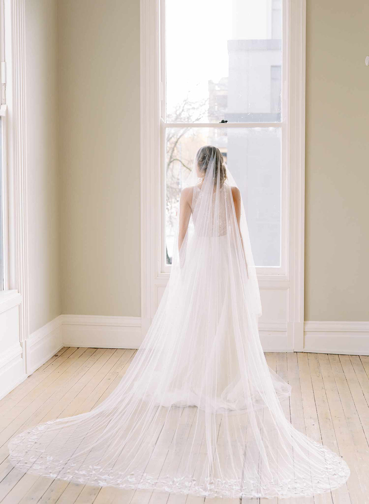 Montage By Mon Cheri White Cathedral Tulle Beaded Veil With Blusher Comb Bridal cathedral veil with organza trim - Organza edge veil  main image 4
