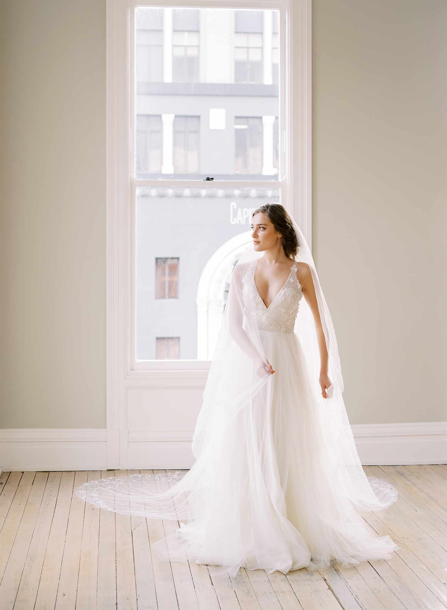 long lace trimmed embellished tulle bridal veil, twigs & honey