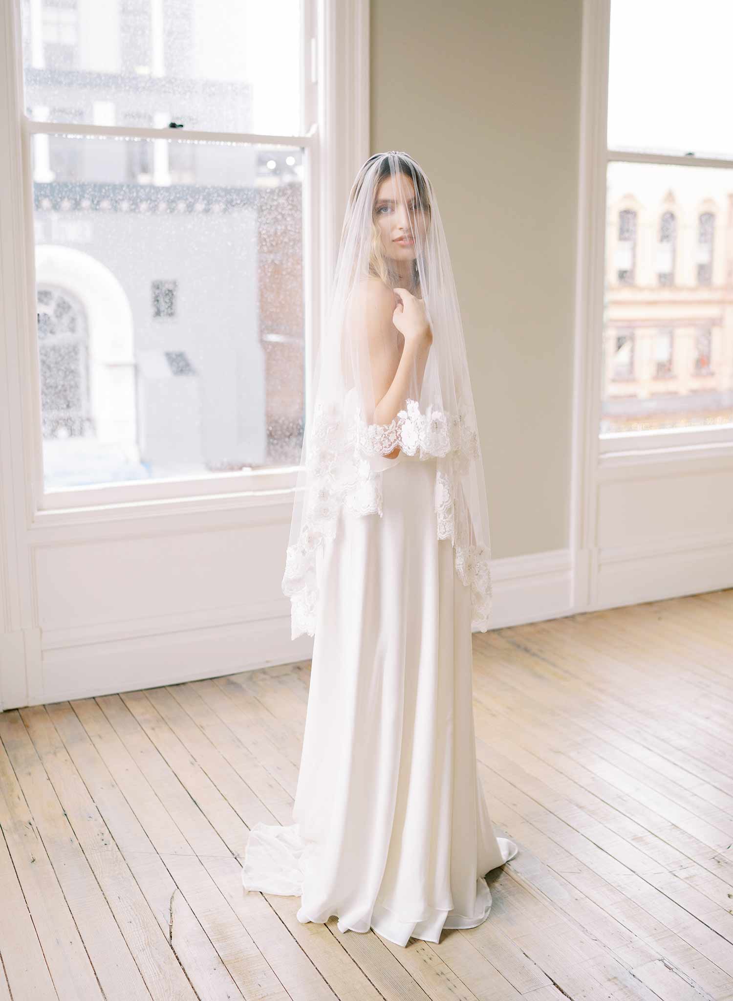 beaded lace trimmed tulle wedding veil with blusher, twigs and honey