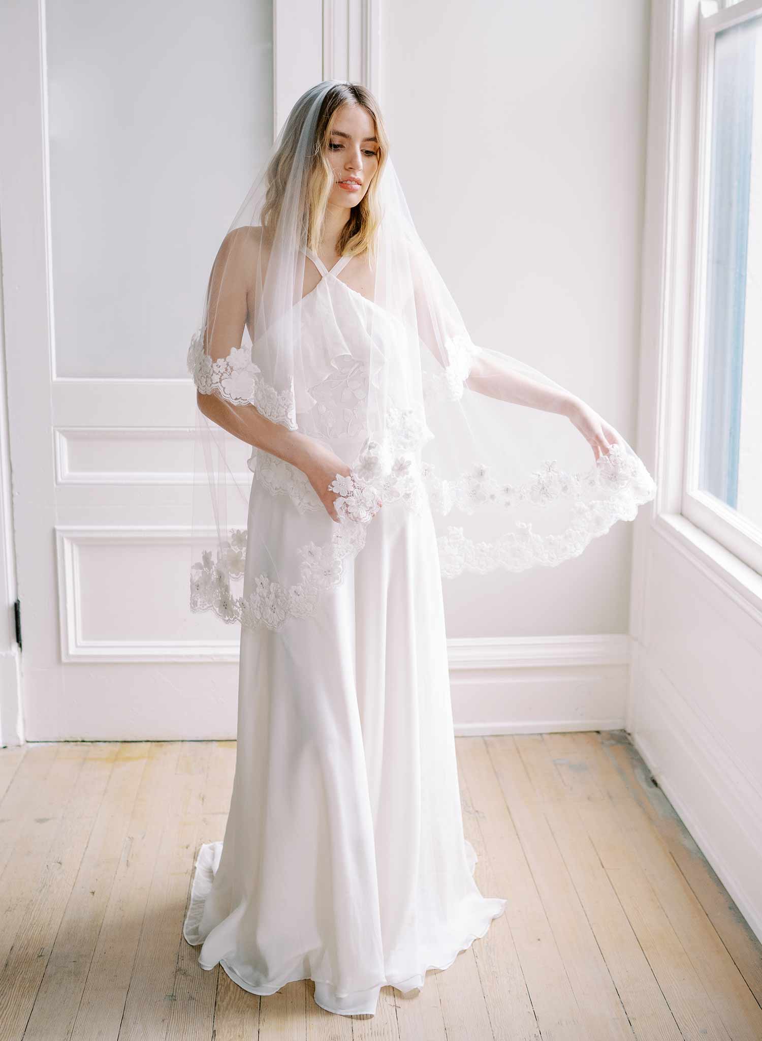 beaded lace trimmed tulle wedding veil with blusher, twigs and honey