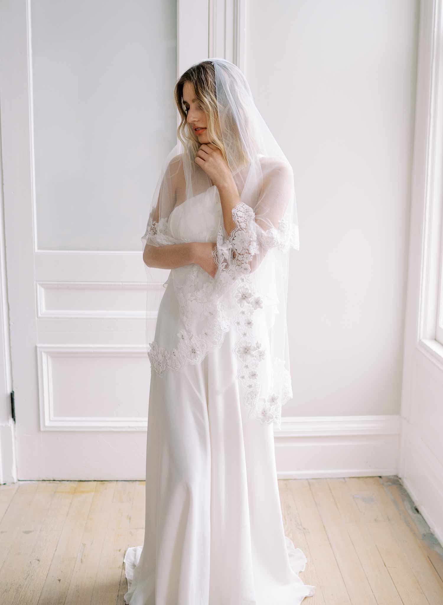 beaded lace trimmed tulle wedding veil with blusher, twigs and honey