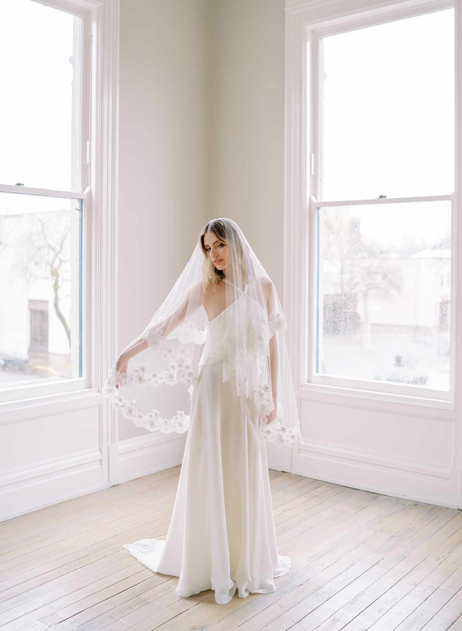 beaded lace trimmed tulle wedding veil with blusher, twigs and honey