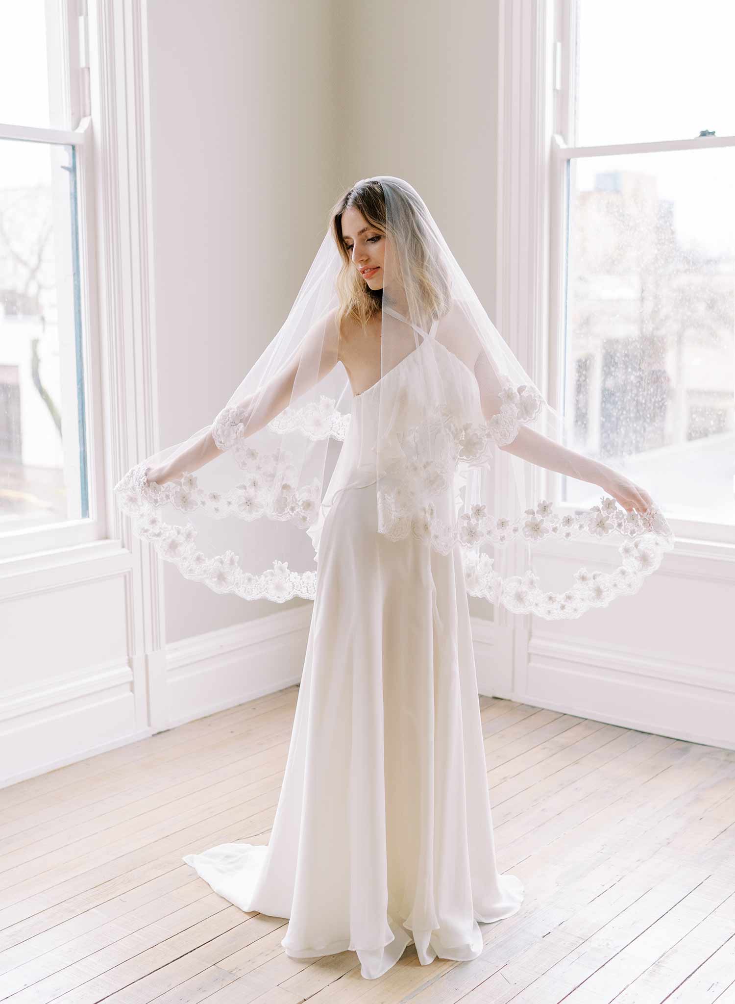 beaded lace trimmed tulle wedding veil with blusher, twigs and honey