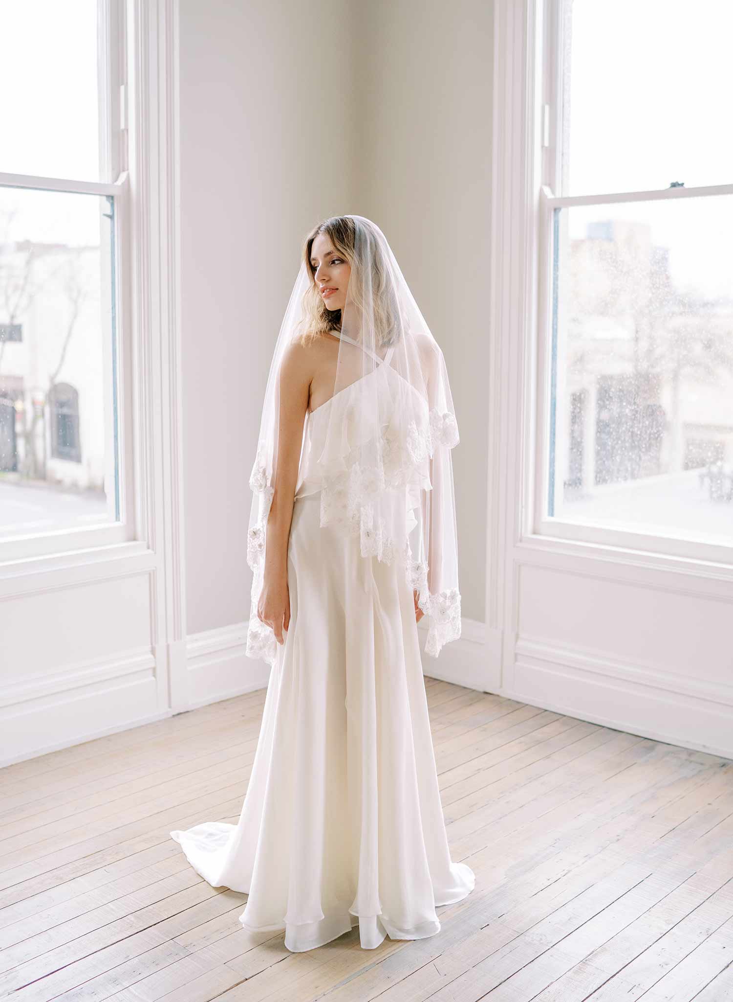 beaded lace trimmed tulle wedding veil with blusher, twigs and honey