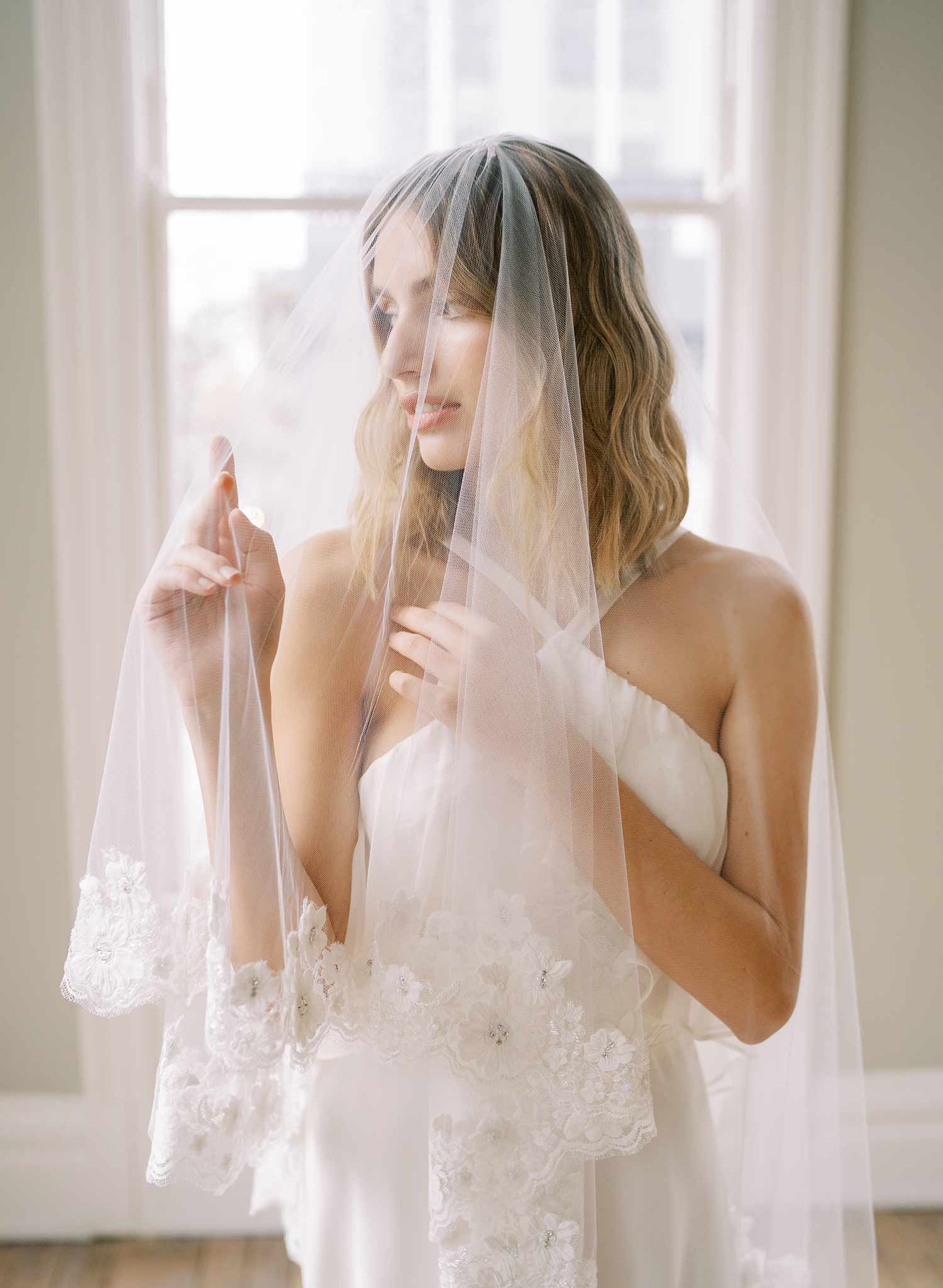 beaded lace trimmed tulle wedding veil with blusher, twigs and honey
