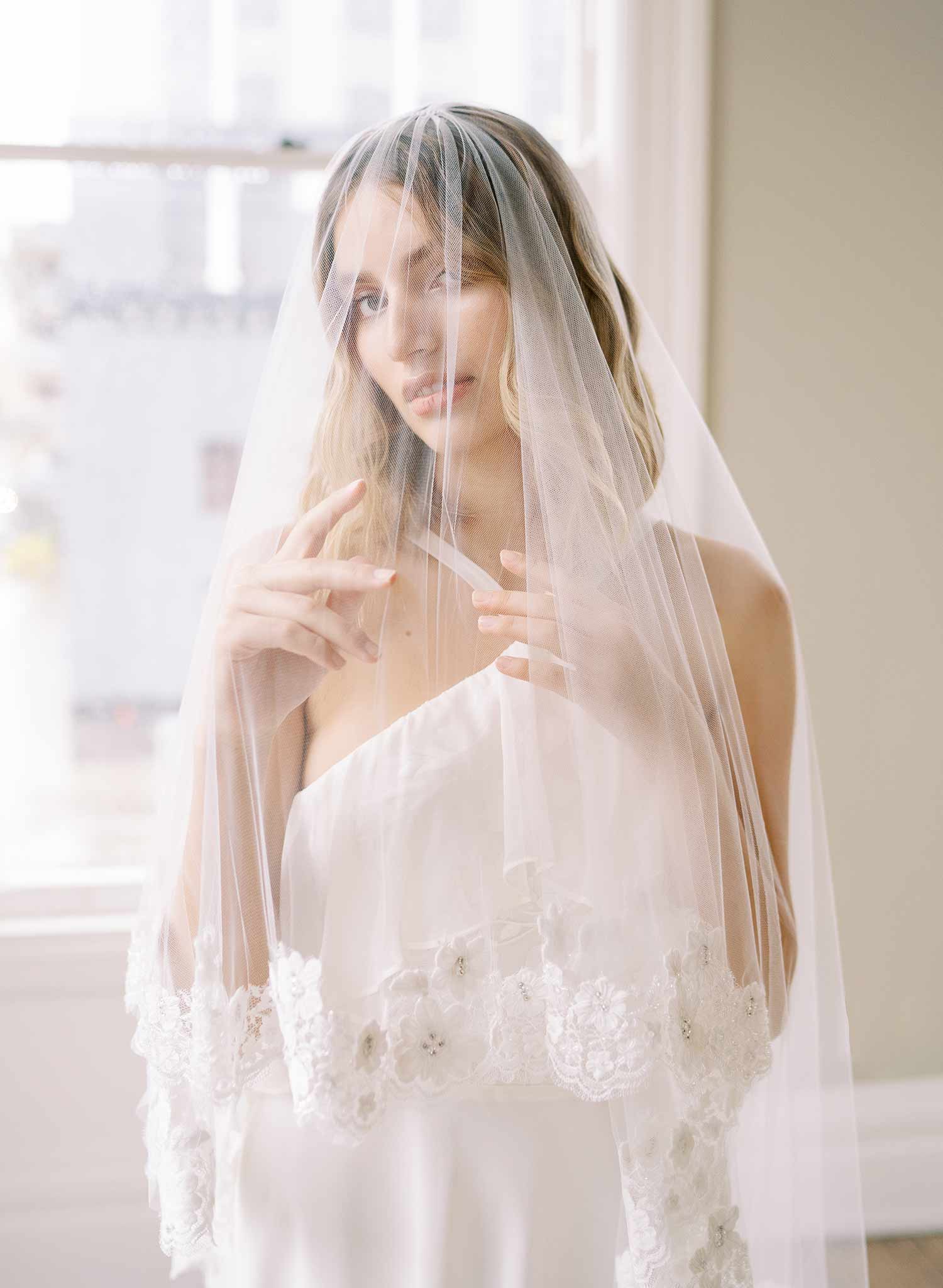 beaded lace trimmed tulle wedding veil with blusher, twigs and honey