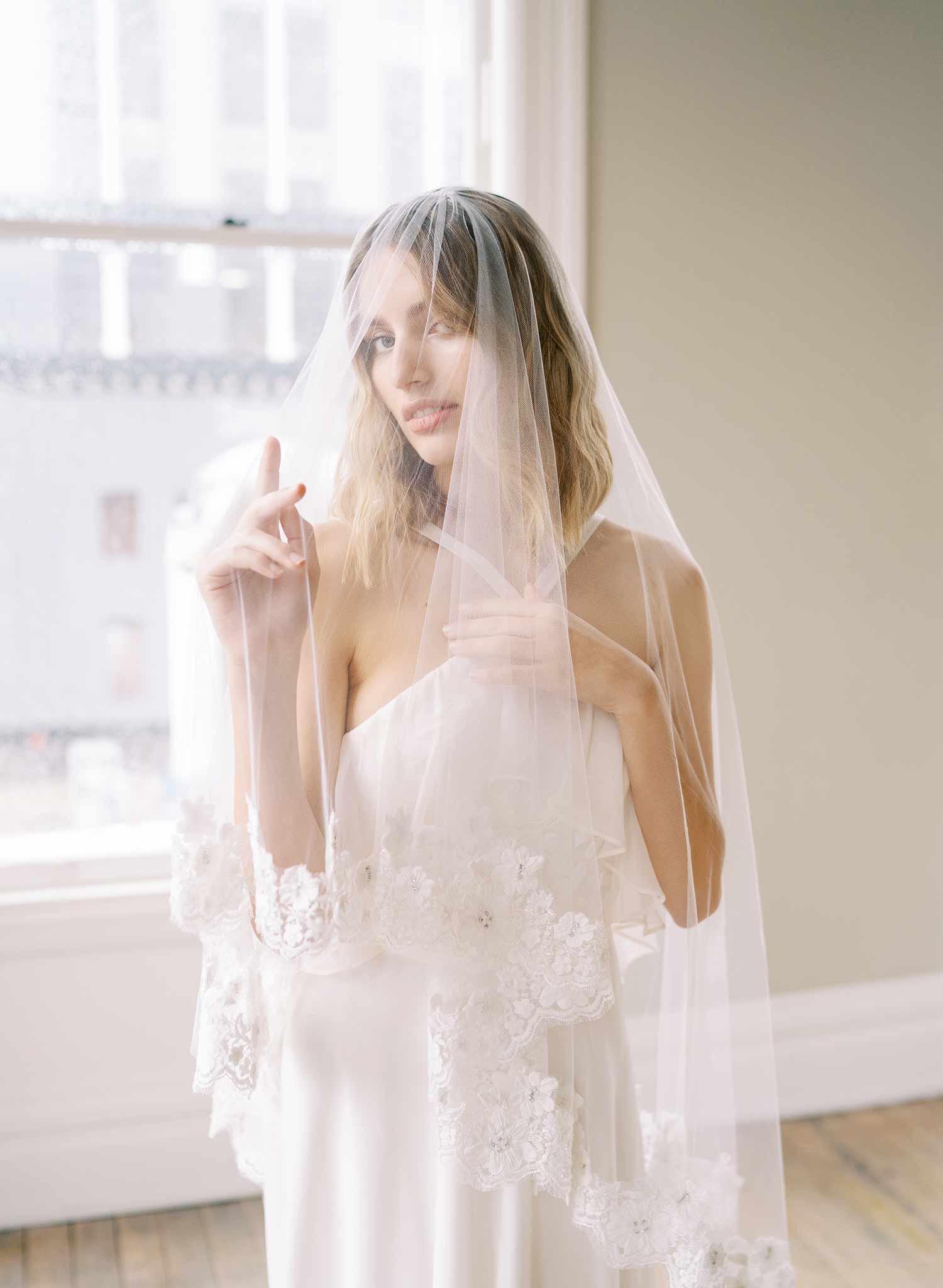 beaded lace trimmed tulle wedding veil with blusher, twigs and honey
