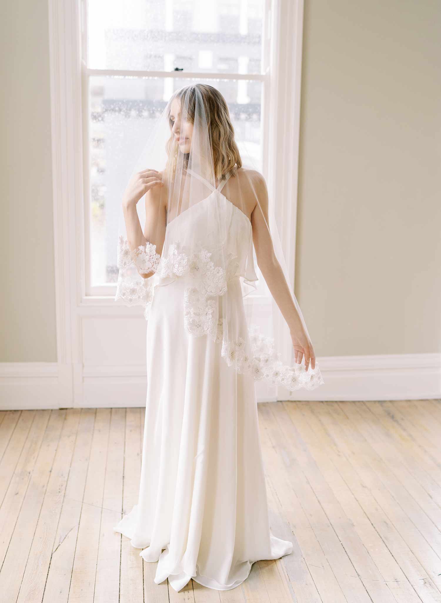 beaded lace trimmed tulle wedding veil with blusher, twigs and honey