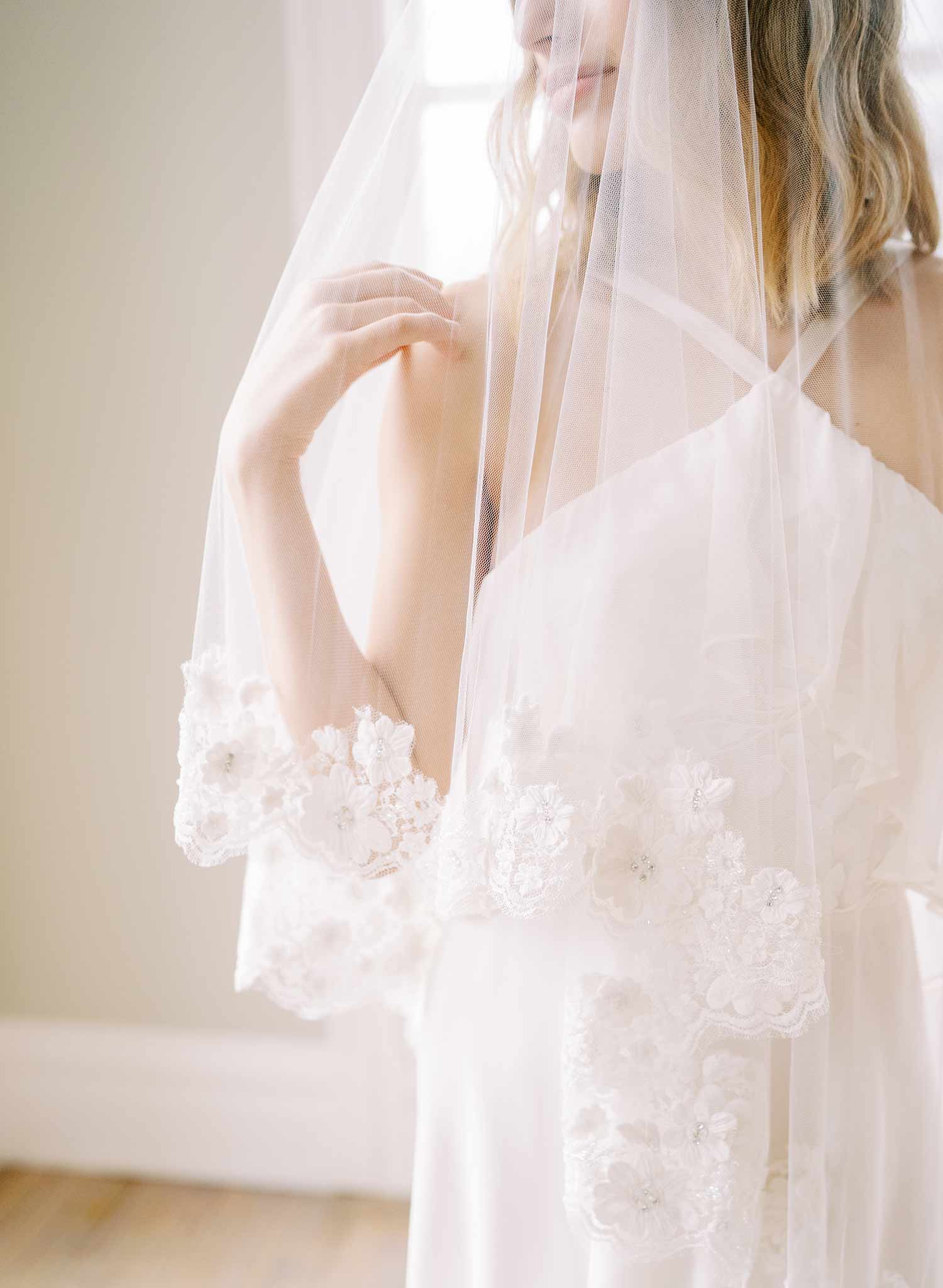 beaded lace trimmed tulle wedding veil with blusher, twigs and honey