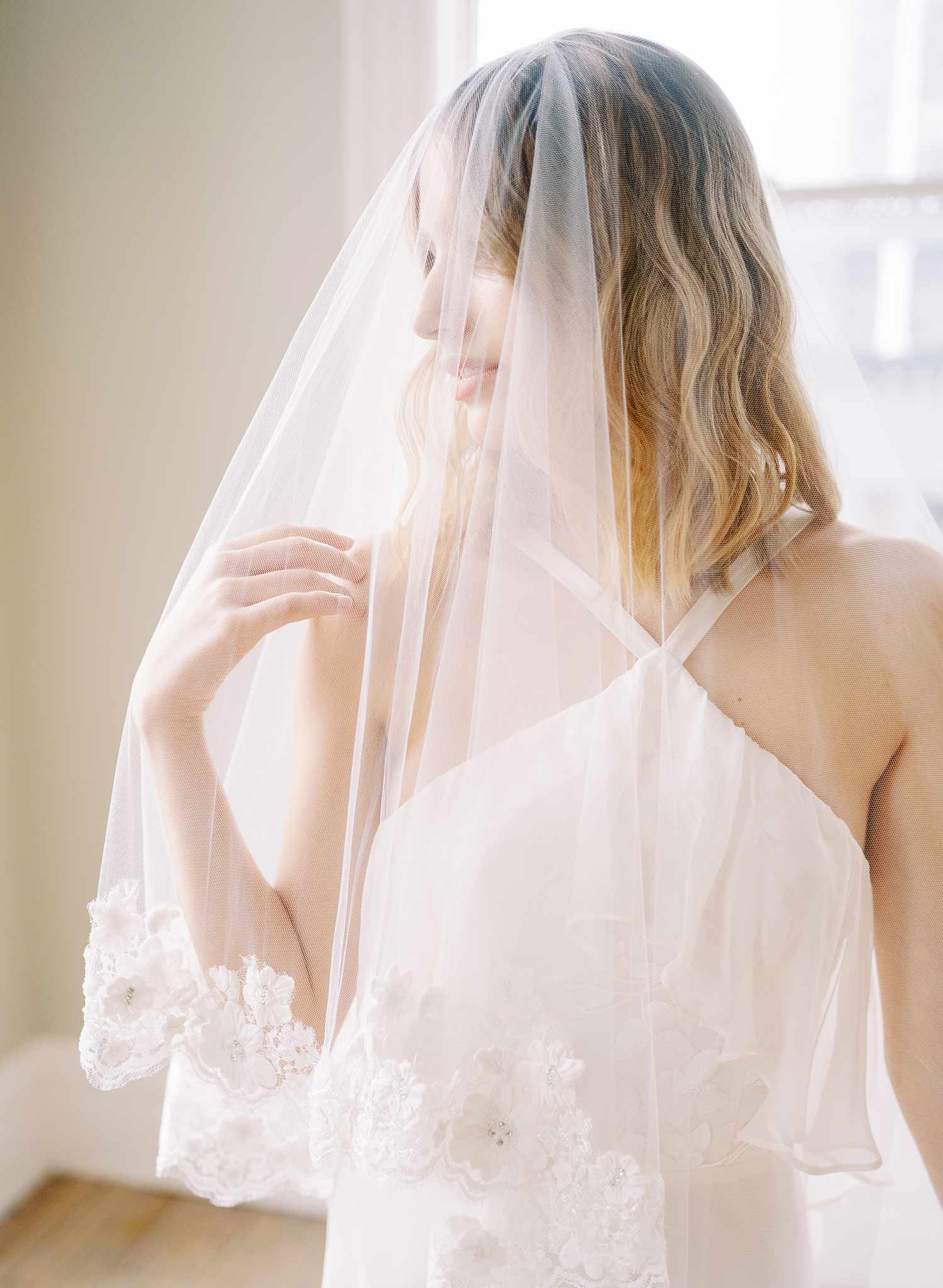 beaded lace trimmed tulle wedding veil with blusher, twigs and honey