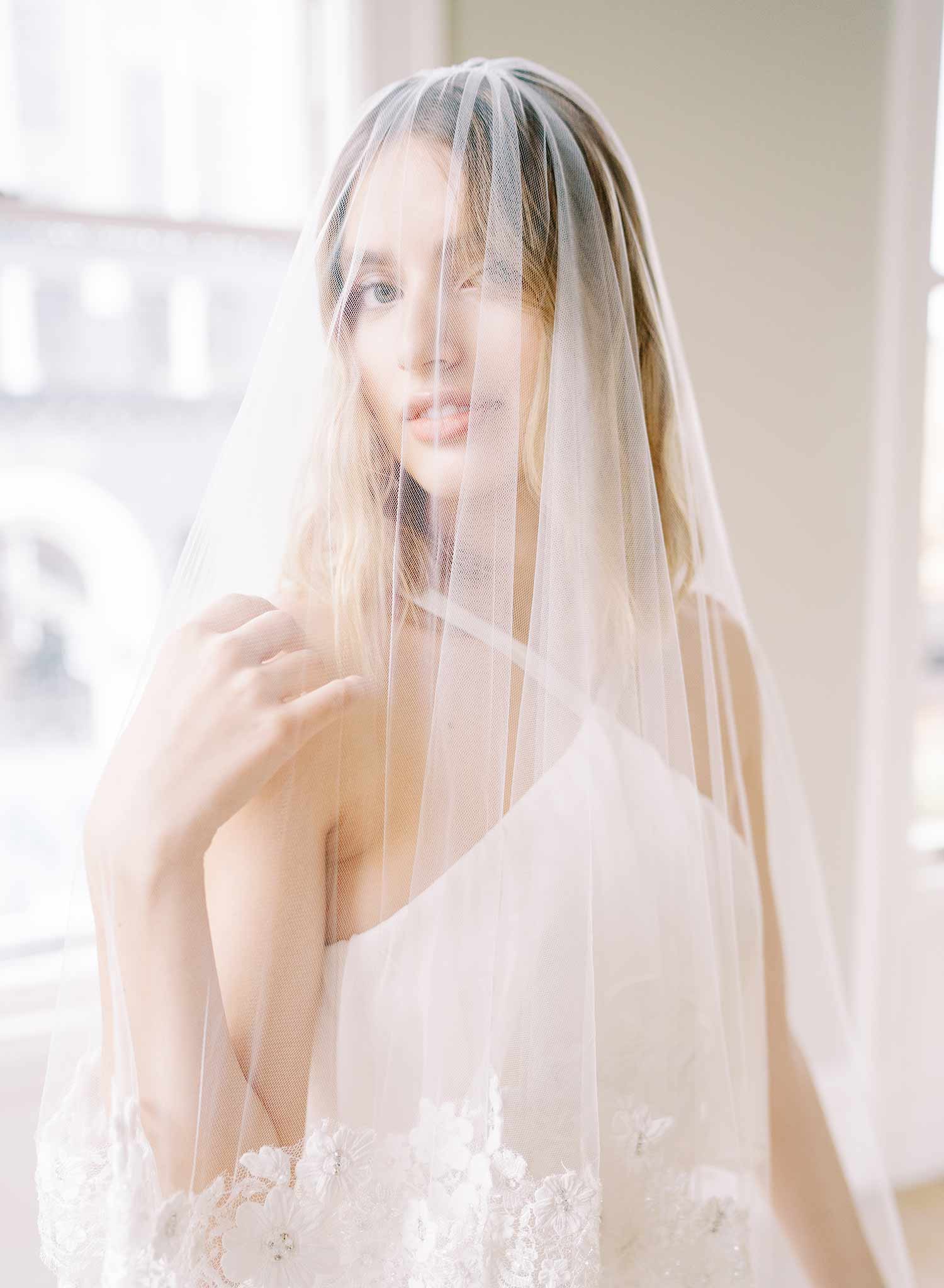 beaded lace trimmed tulle wedding veil with blusher, twigs and honey