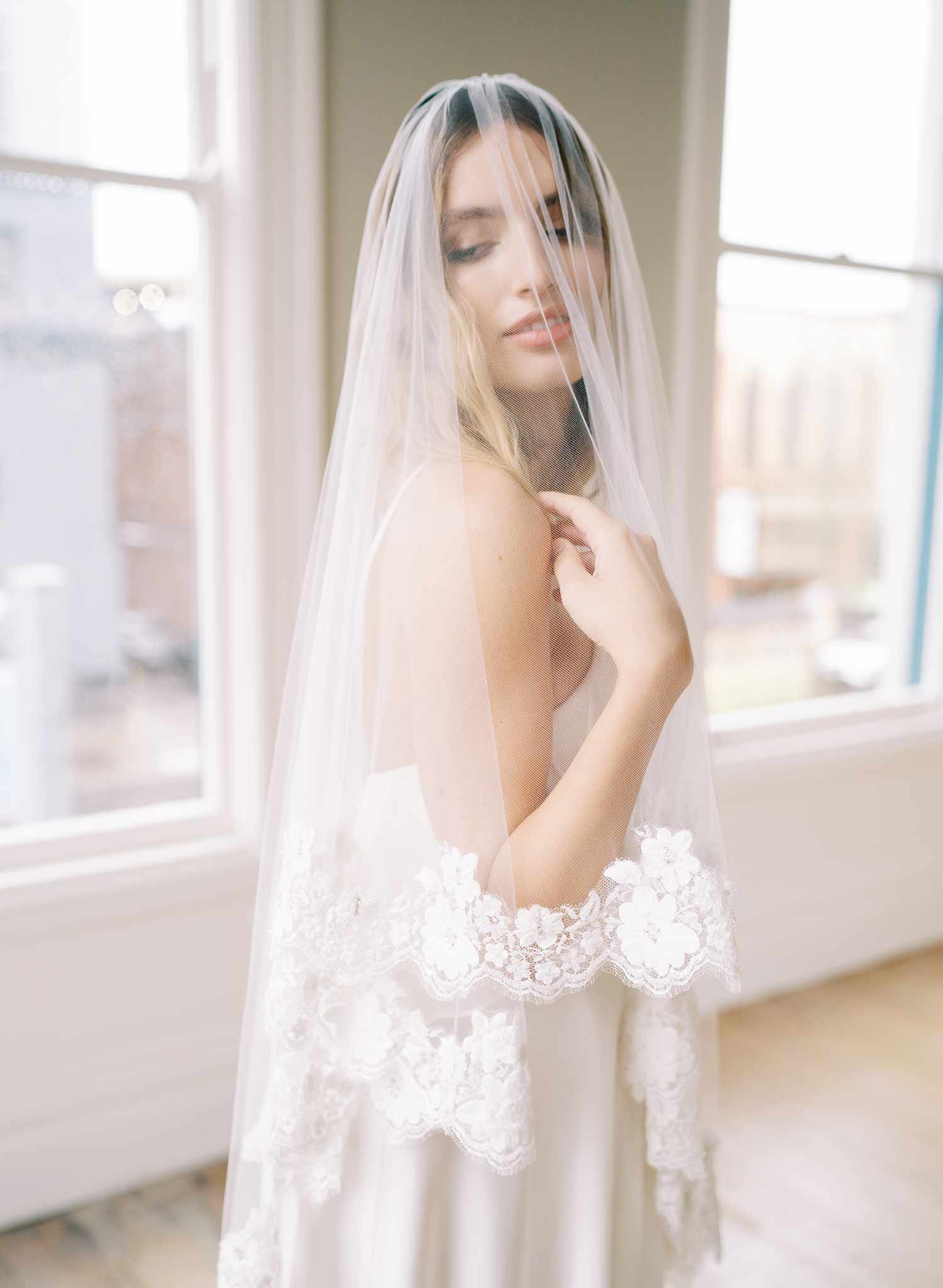 beaded lace trimmed tulle wedding veil with blusher, twigs and honey