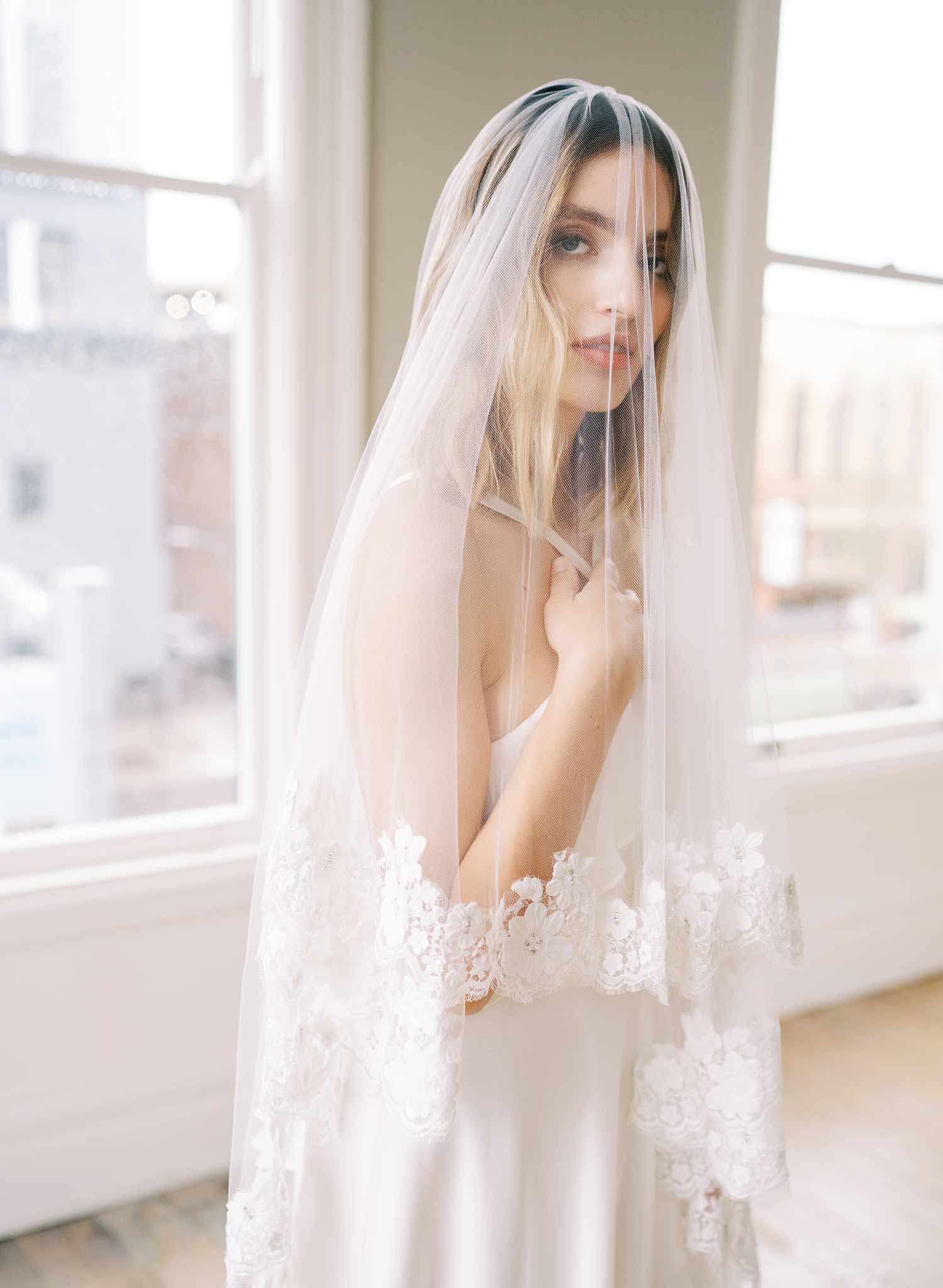 beaded lace trimmed tulle wedding veil with blusher, twigs and honey