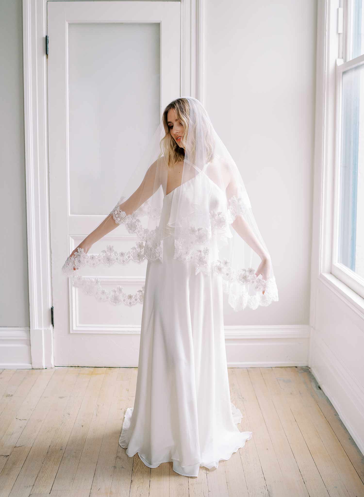 beaded lace trimmed tulle wedding veil with blusher, twigs and honey