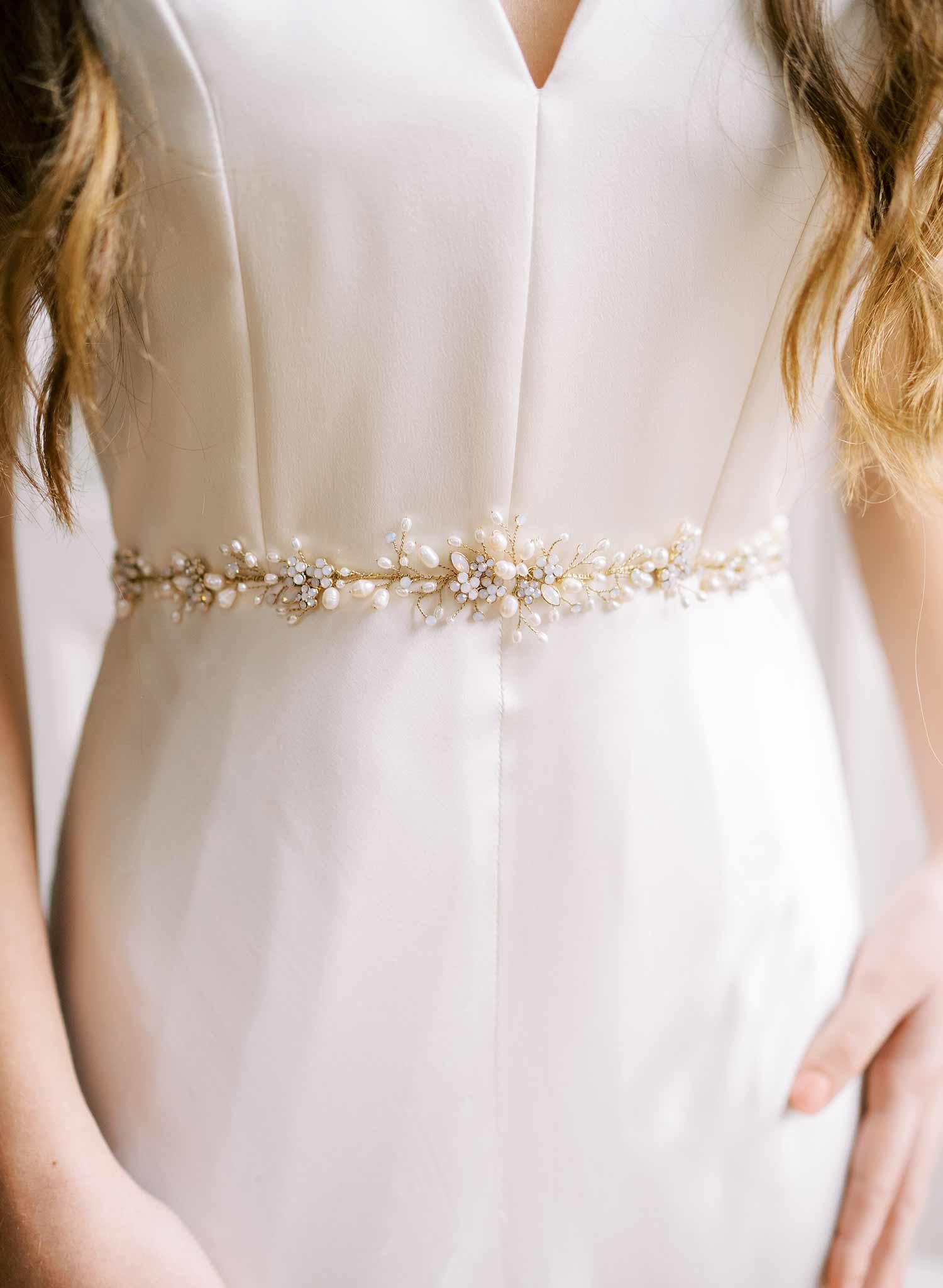 Clustered pearl and opal bridal sash - Style #2480