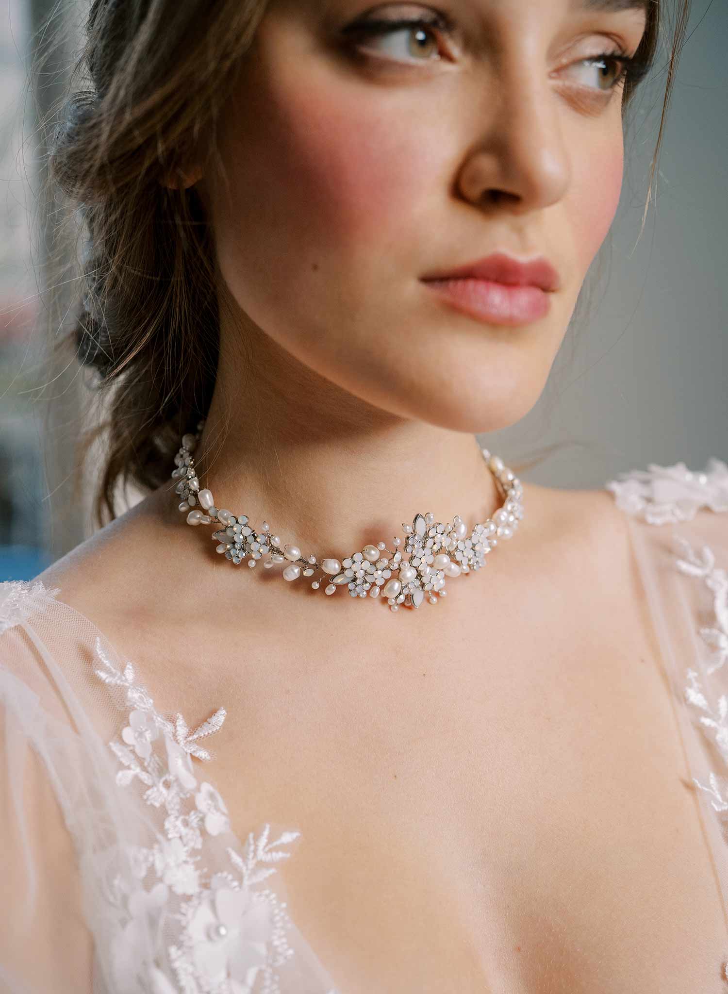 Clustered pearl and opal bridal choker necklace - Style #2481