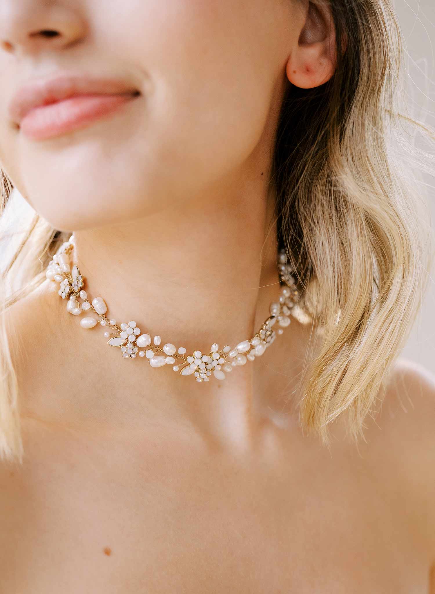 Simple pearl and opal bridal choker necklace - Style #2483