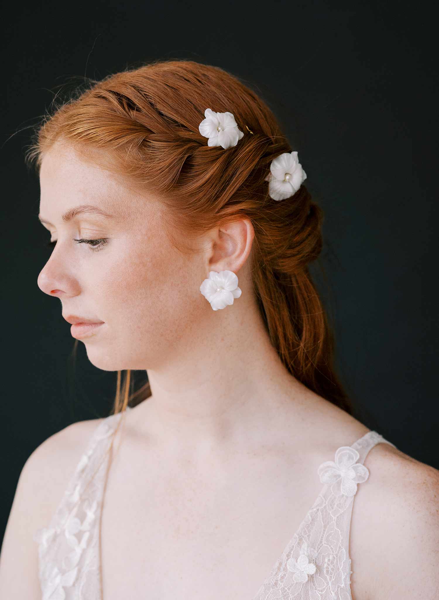 handmade clay orchid white bridal post back earrings, twigs & honey