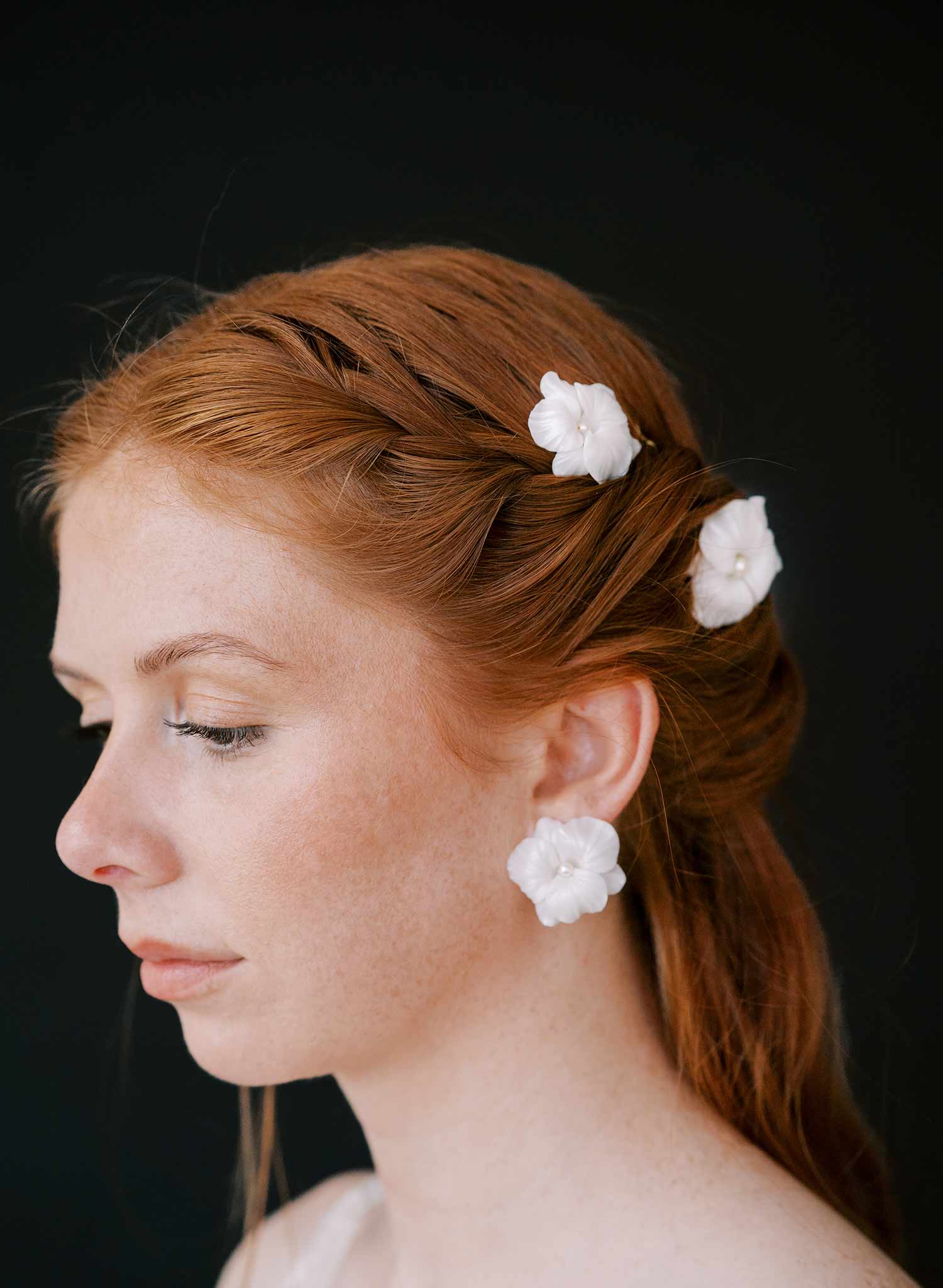 handmade clay orchid white bridal post back earrings, twigs & honey