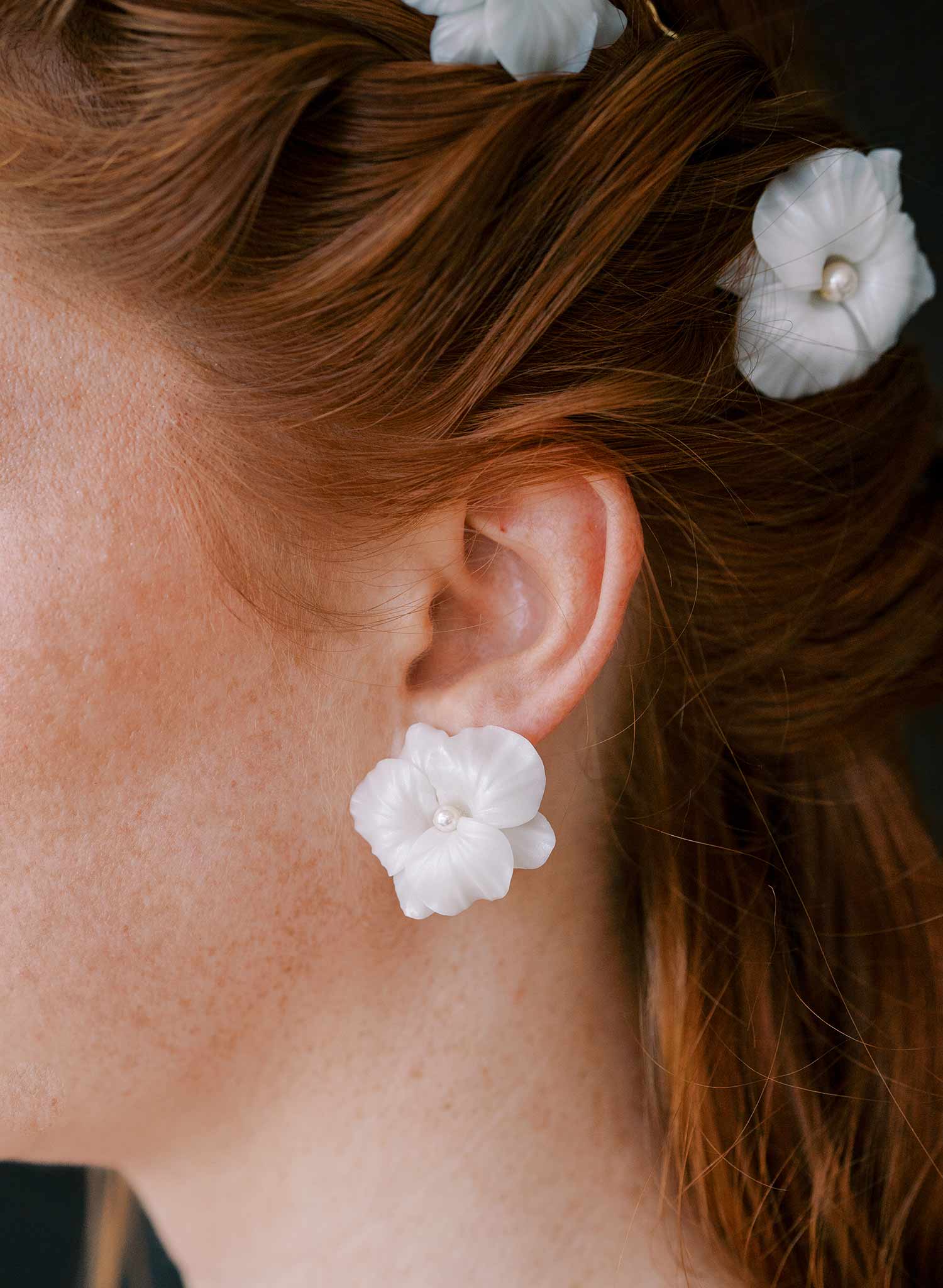 handmade clay orchid white bridal post back earrings, twigs & honey