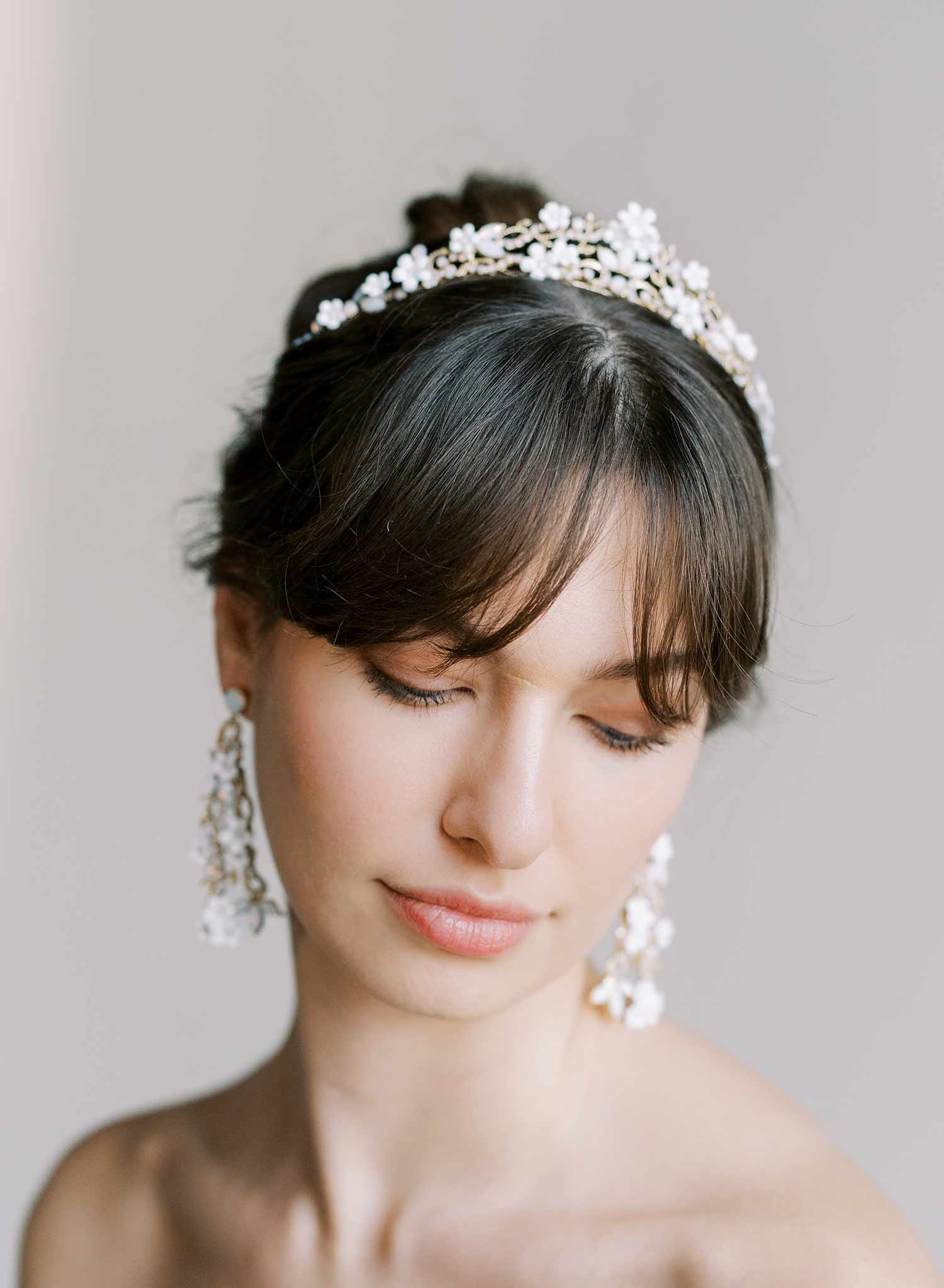Opal crystal and tiny porcelain blossom bridal tiara in gold by Twigs & Honey