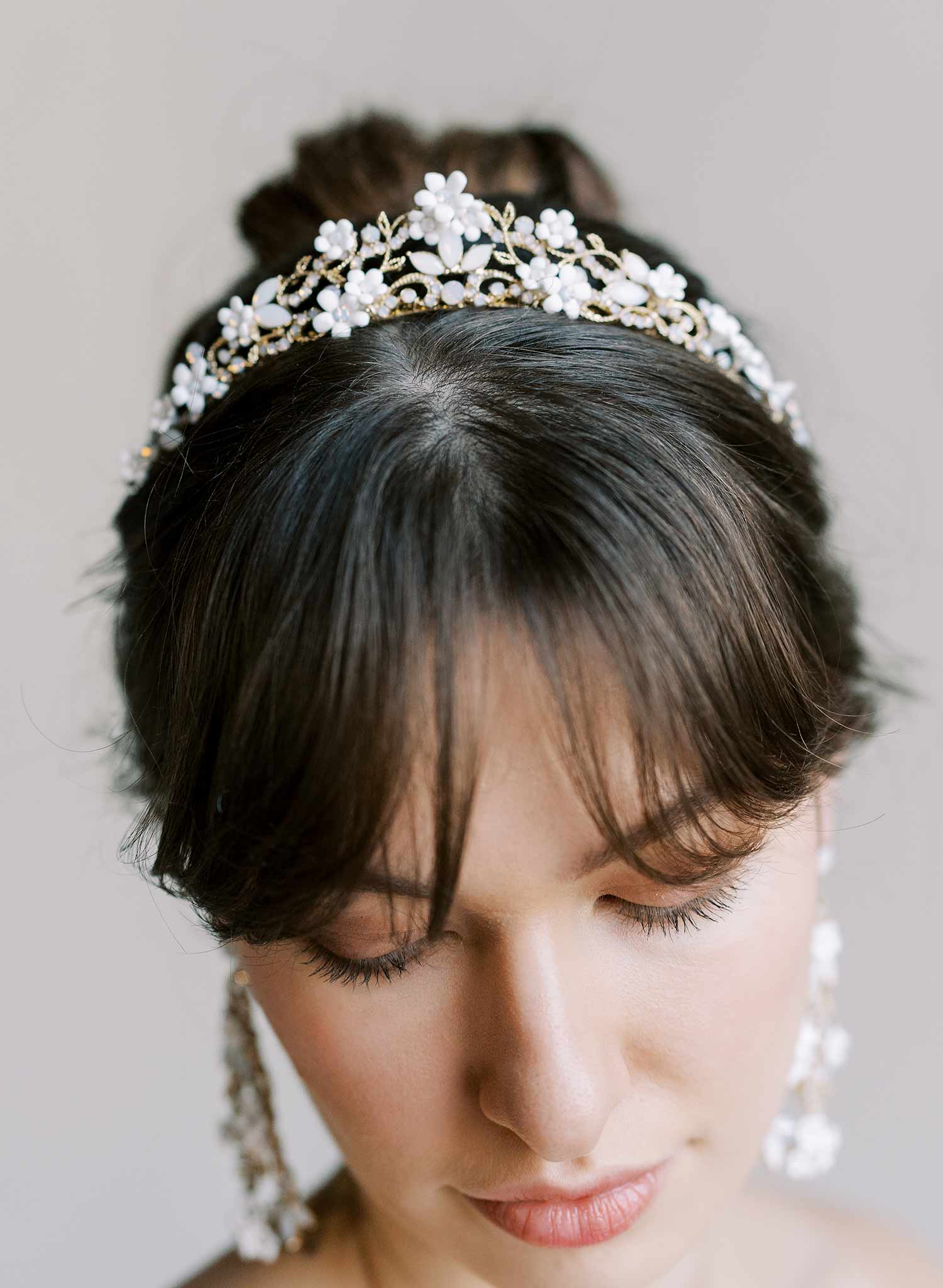 Opal crystal and tiny porcelain blossom bridal tiara in gold by Twigs & Honey