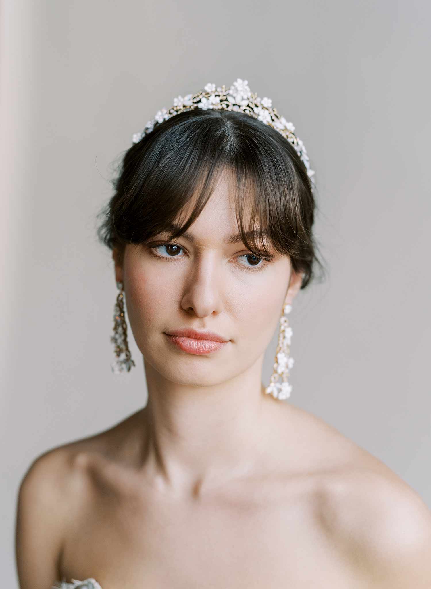 Opal crystal and tiny porcelain blossom bridal tiara in gold by Twigs & Honey