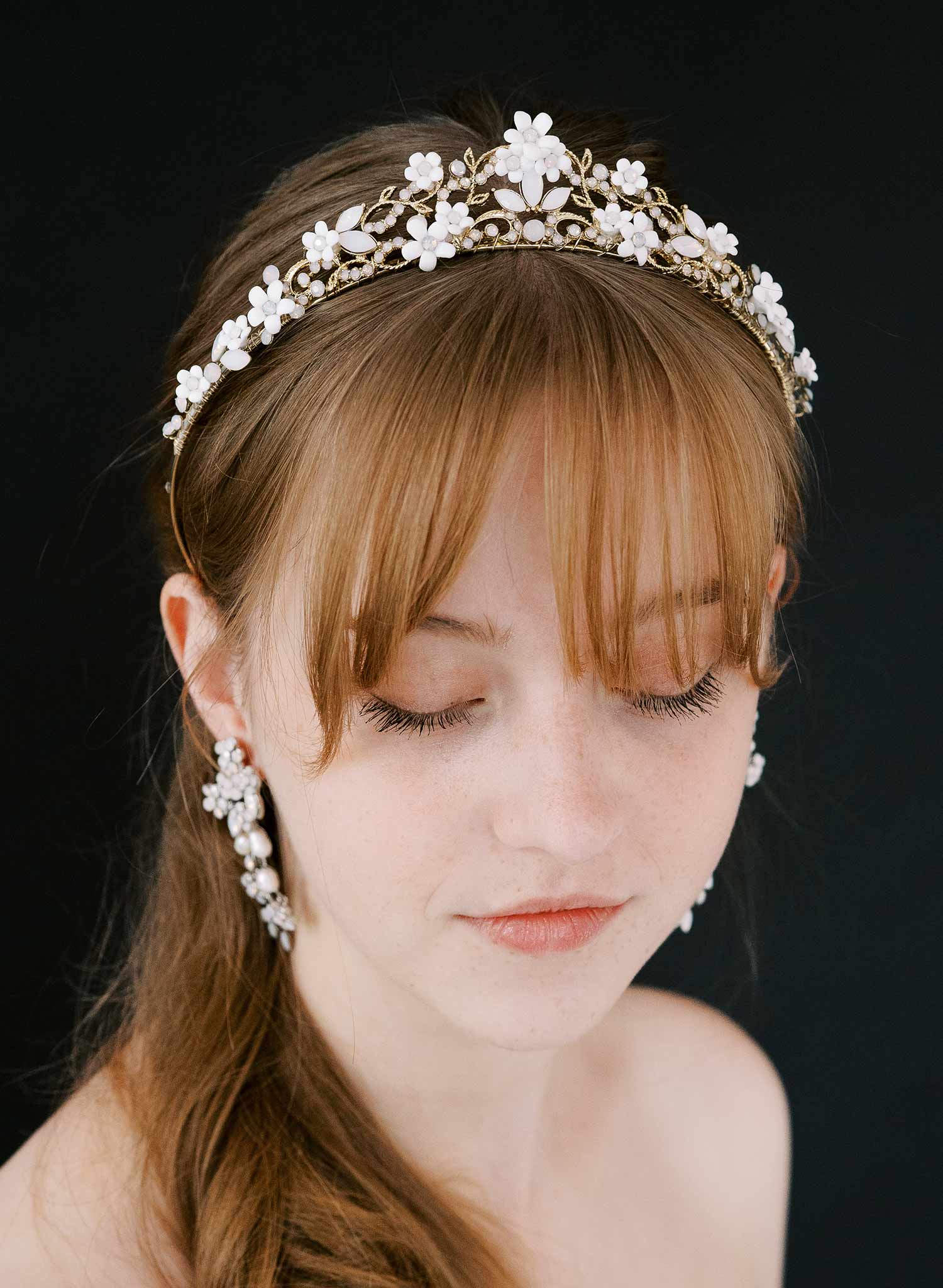 Opal crystal and tiny porcelain blossom bridal tiara in gold by Twigs & Honey