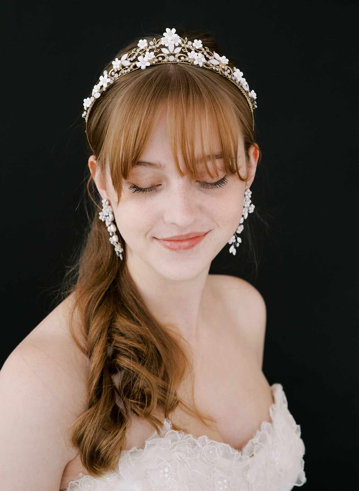 Opal crystal and tiny porcelain blossom bridal tiara in gold by Twigs & Honey