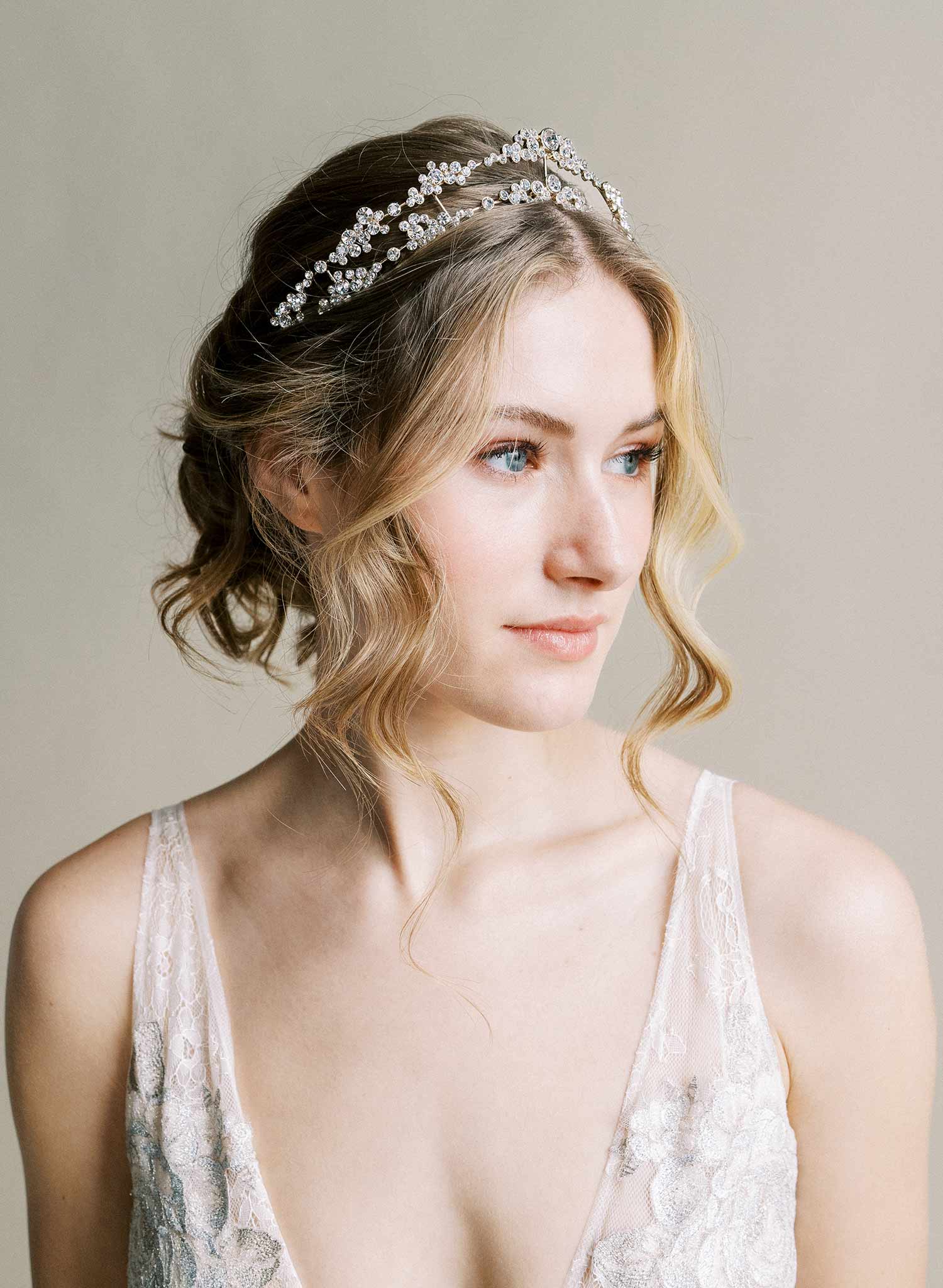 Crystal champagne bubbles inspired bridal crown, tiara. Silver or Gold. By Twigs & Honey