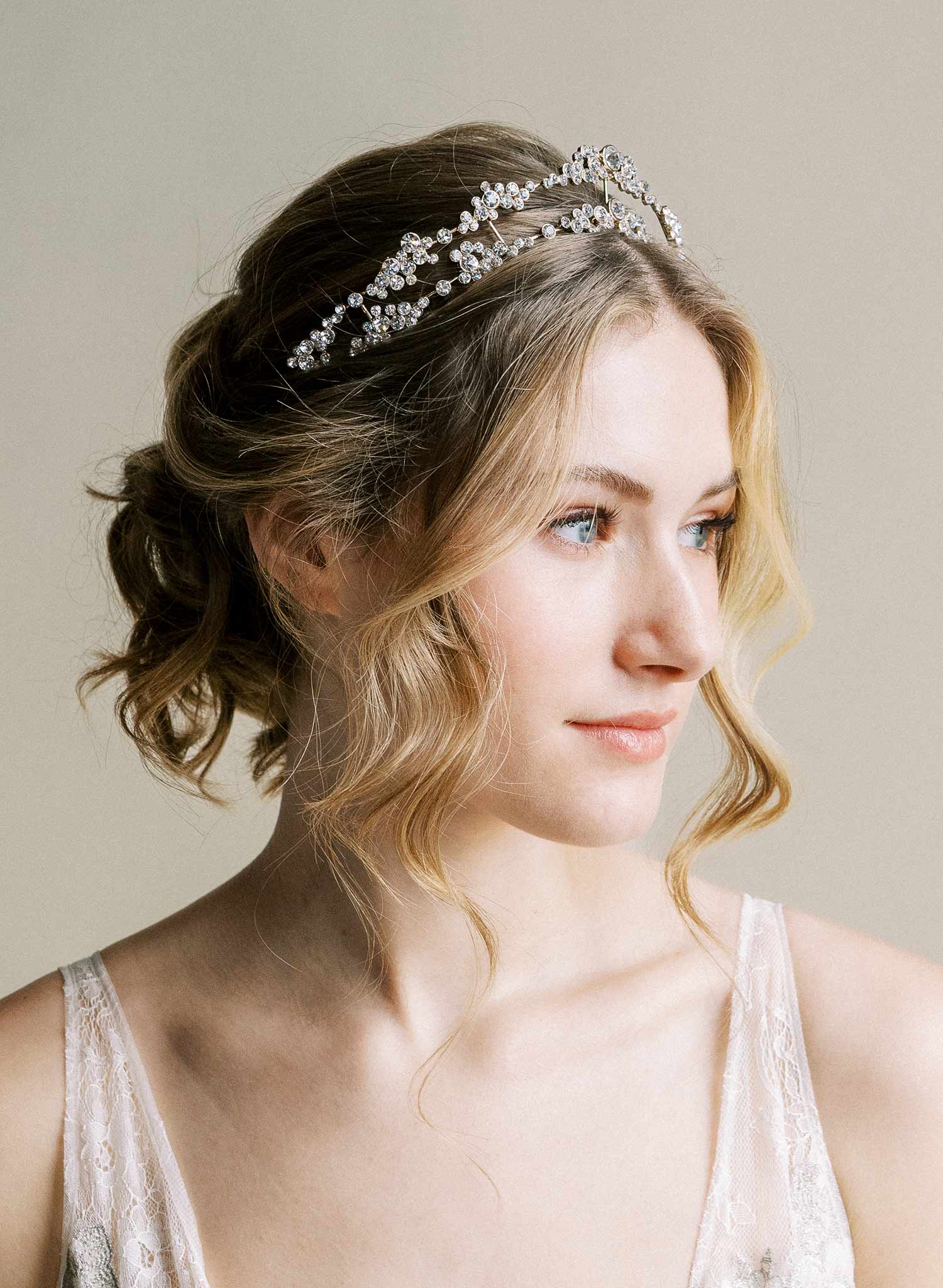 Crystal champagne bubbles inspired bridal crown, tiara. Silver or Gold. By Twigs & Honey