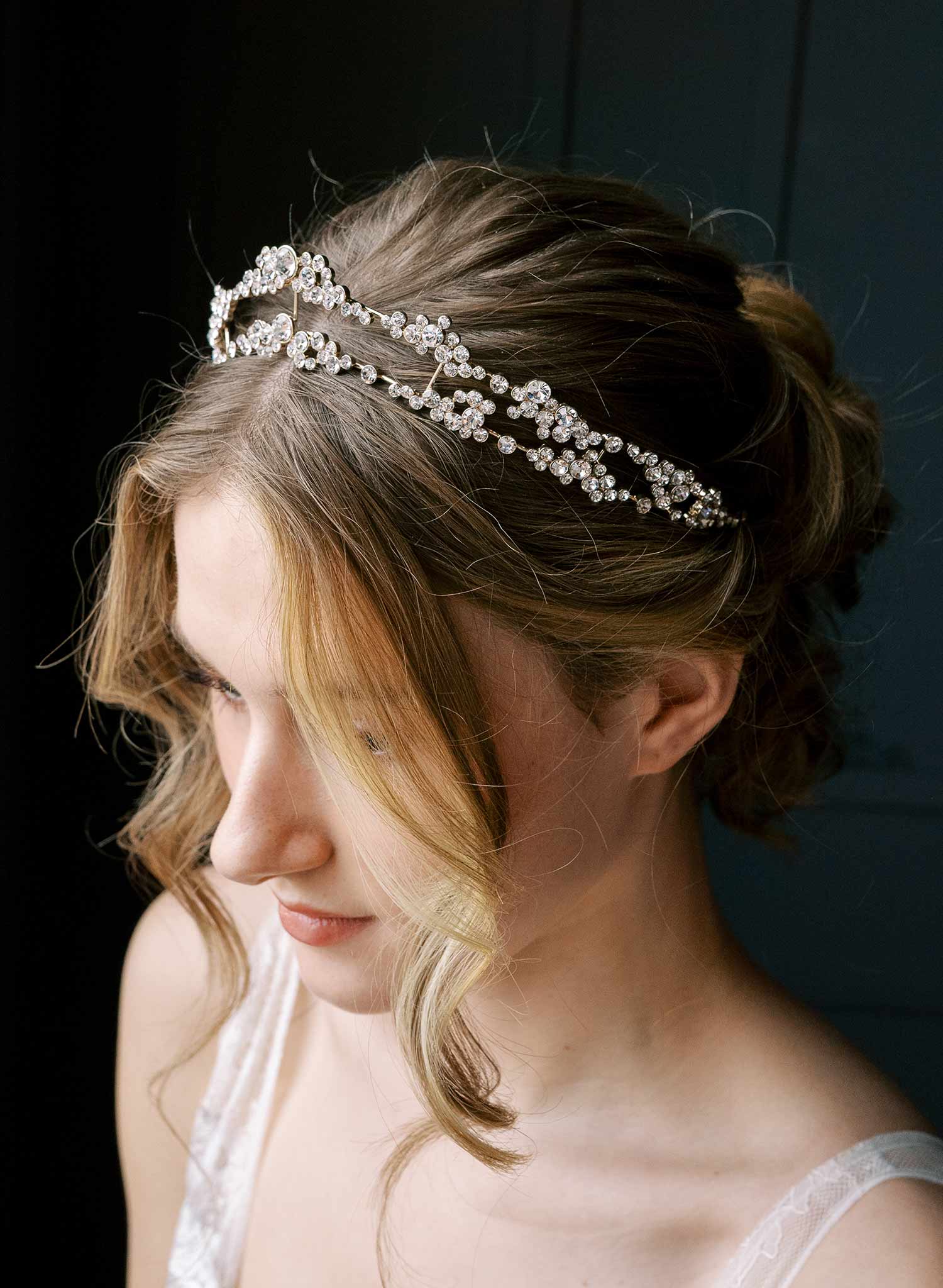 Crystal champagne bubbles inspired bridal crown, tiara. Silver or Gold. By Twigs & Honey