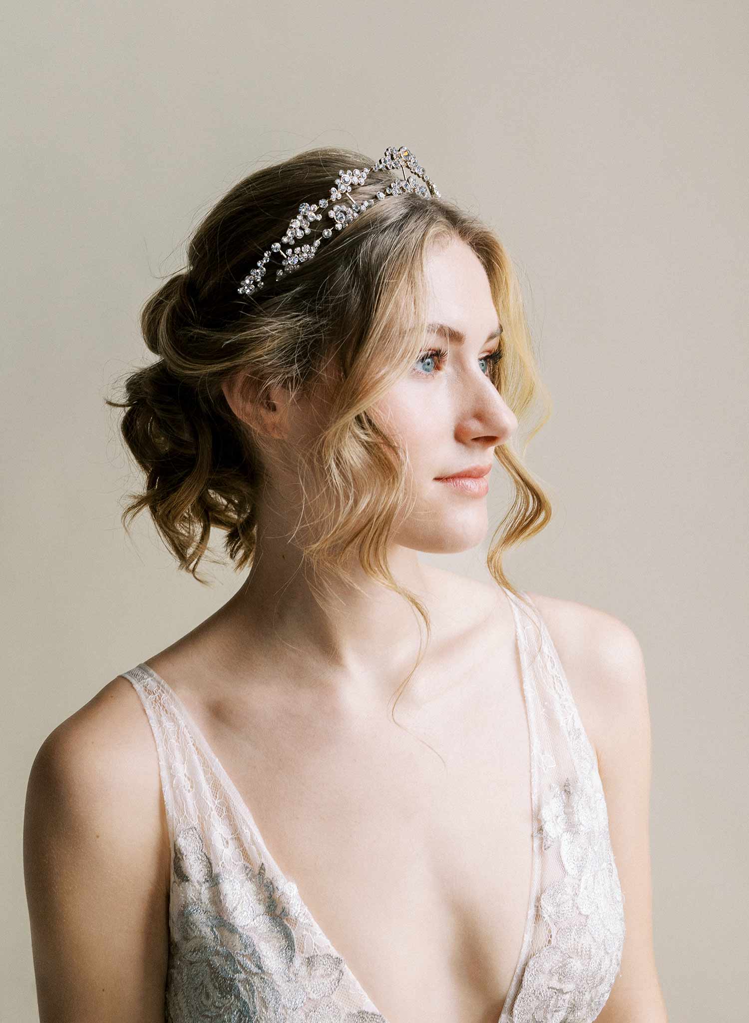 Crystal champagne bubbles inspired bridal crown, tiara. Silver or Gold. By Twigs & Honey