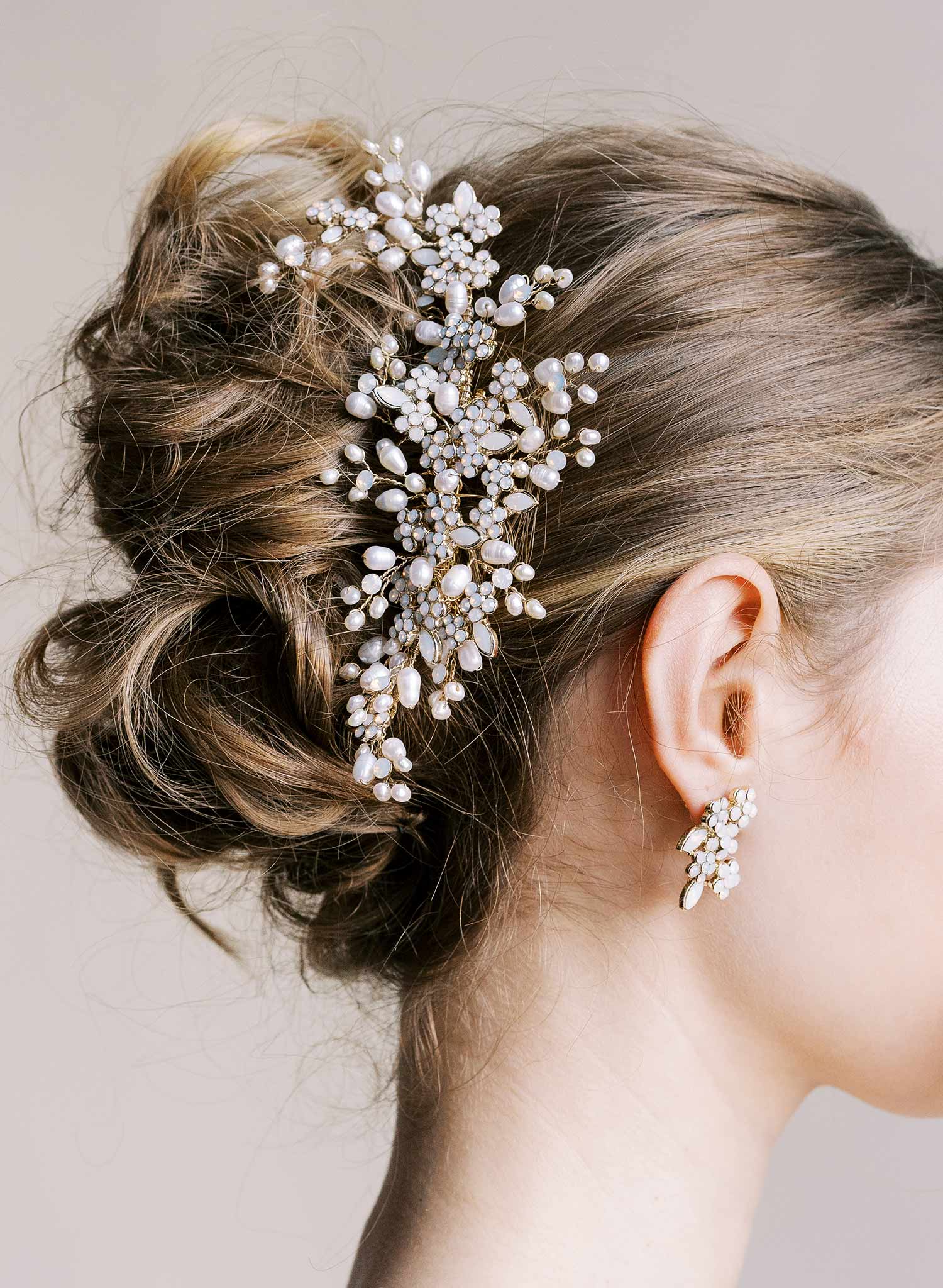 Freshwater pearl and opal crystal bridal spray comb. Wedding headpiece. By Twigs and Honey